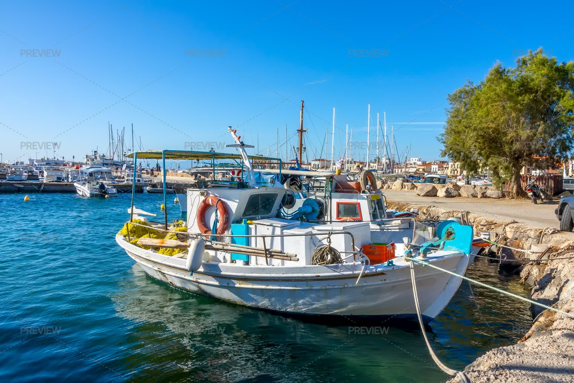 Old Fishing Boat In Greek Marina - Stock Photos | Motion Array