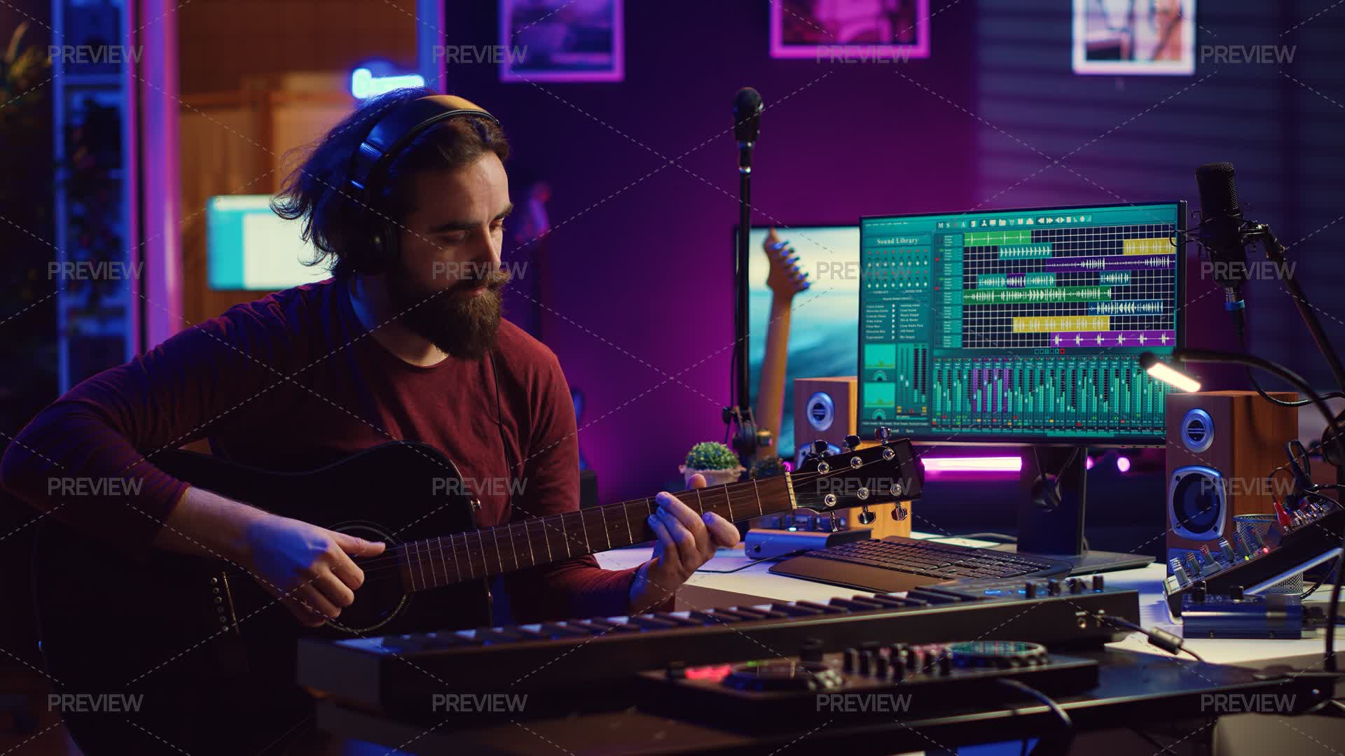 Songwriter Musician Playing Guitar And Electronic Piano Keyboard In ...