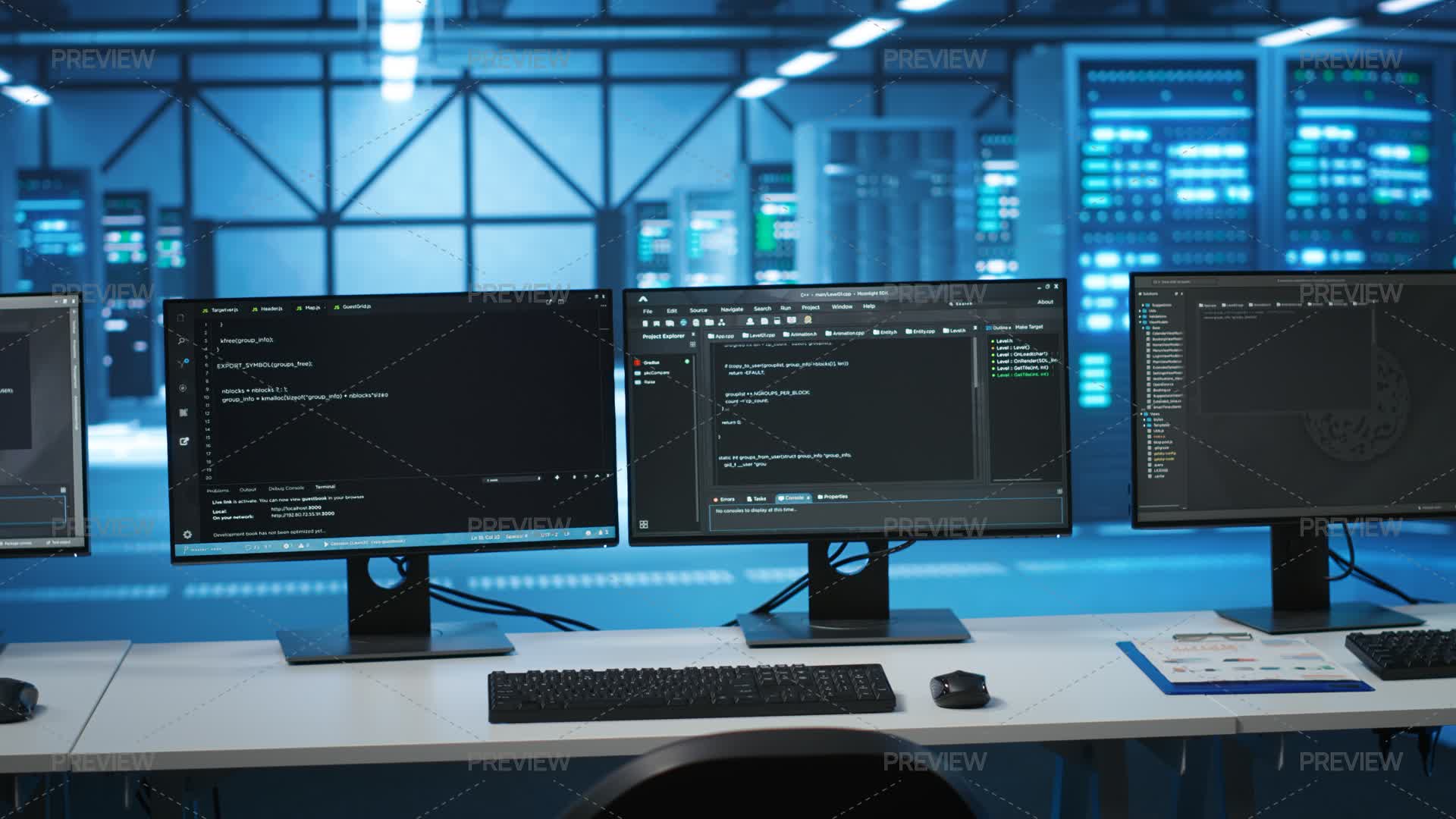 Pc Monitors On Desk Used For Checking Potential System Failures In ...
