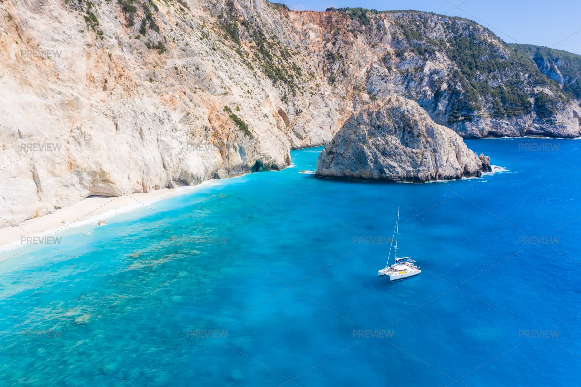 Pristine Beach With Luxury Yacht In Porto Katsiki In Lefkada Island ...
