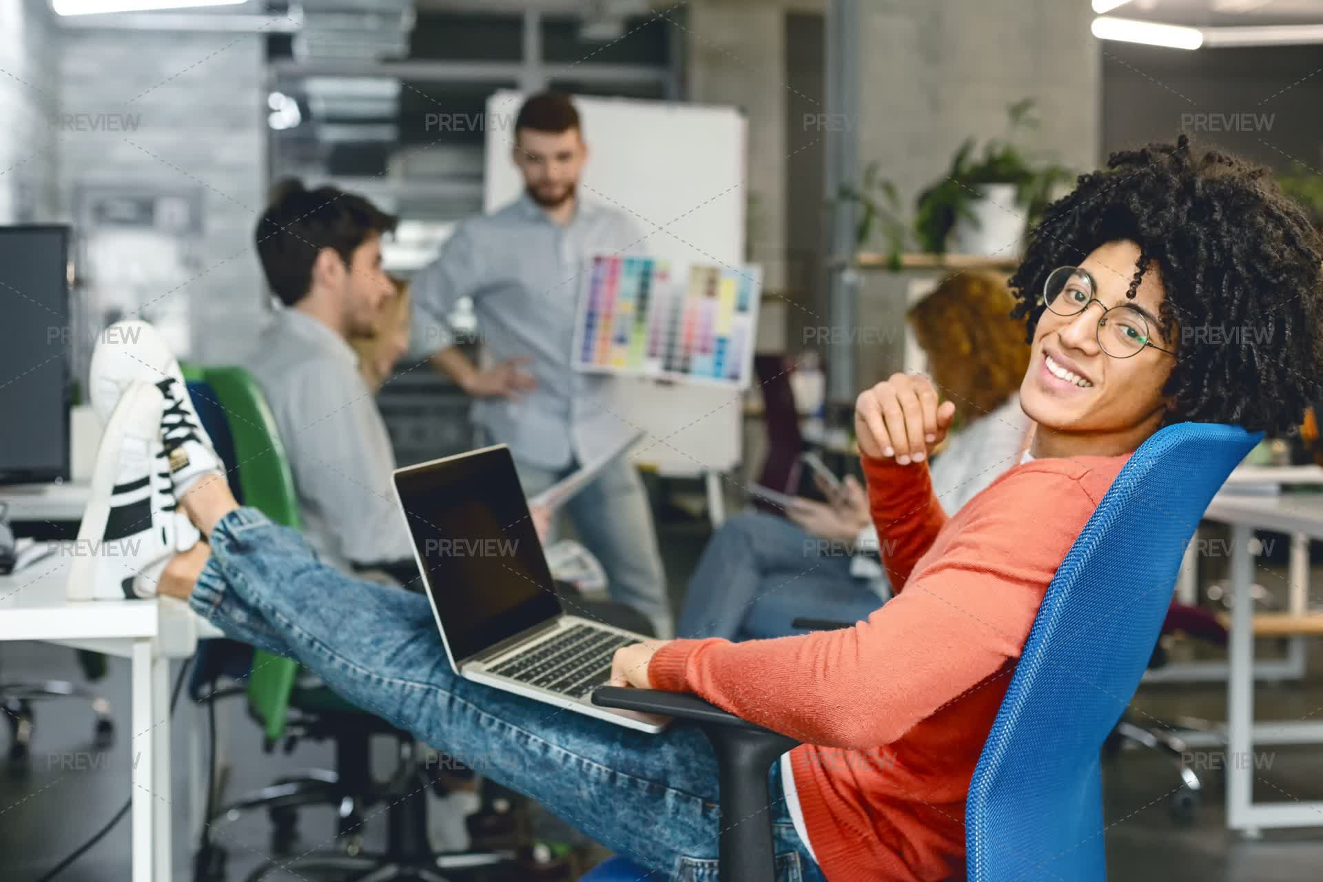 After Task Happy Smiling Man Resting After Tasks by Prostock-studio - Stock Photos ...