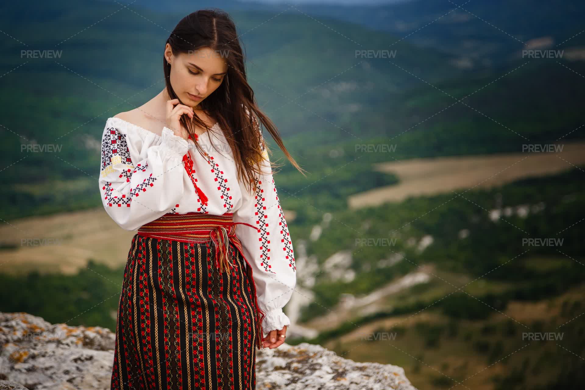 Romanian Motion Woman On A Mountain Wearing A Traditional Costume Of Romania - Stock ...