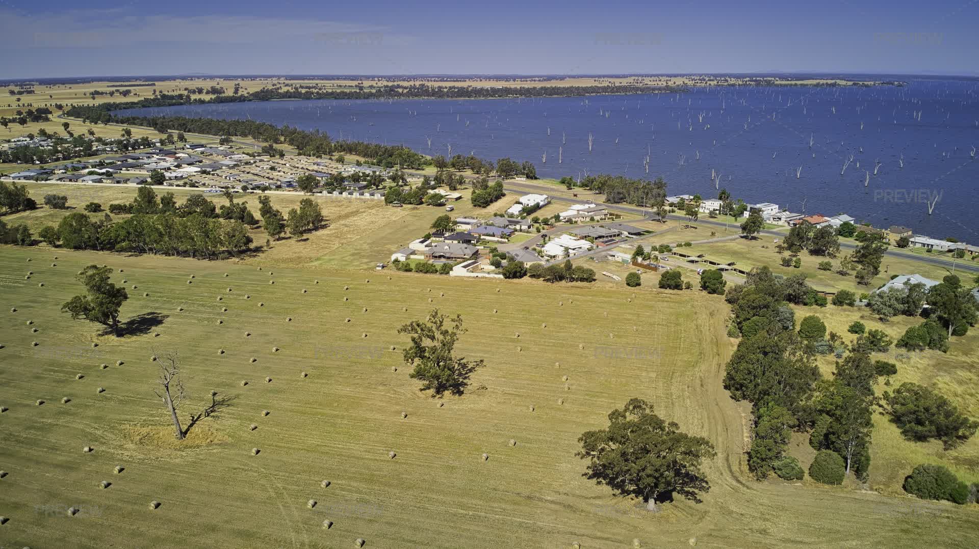 Large Paddock With Round Hay Bales Near Lake Mulwala NSW Australia ...