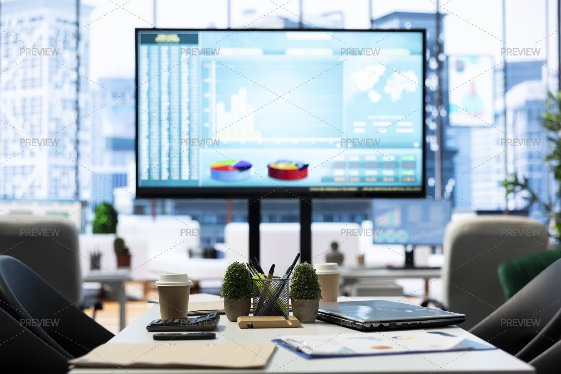 High Office Display Computer Sleek Corporate Office With A Computer Displaying Detailed Infographics ...
