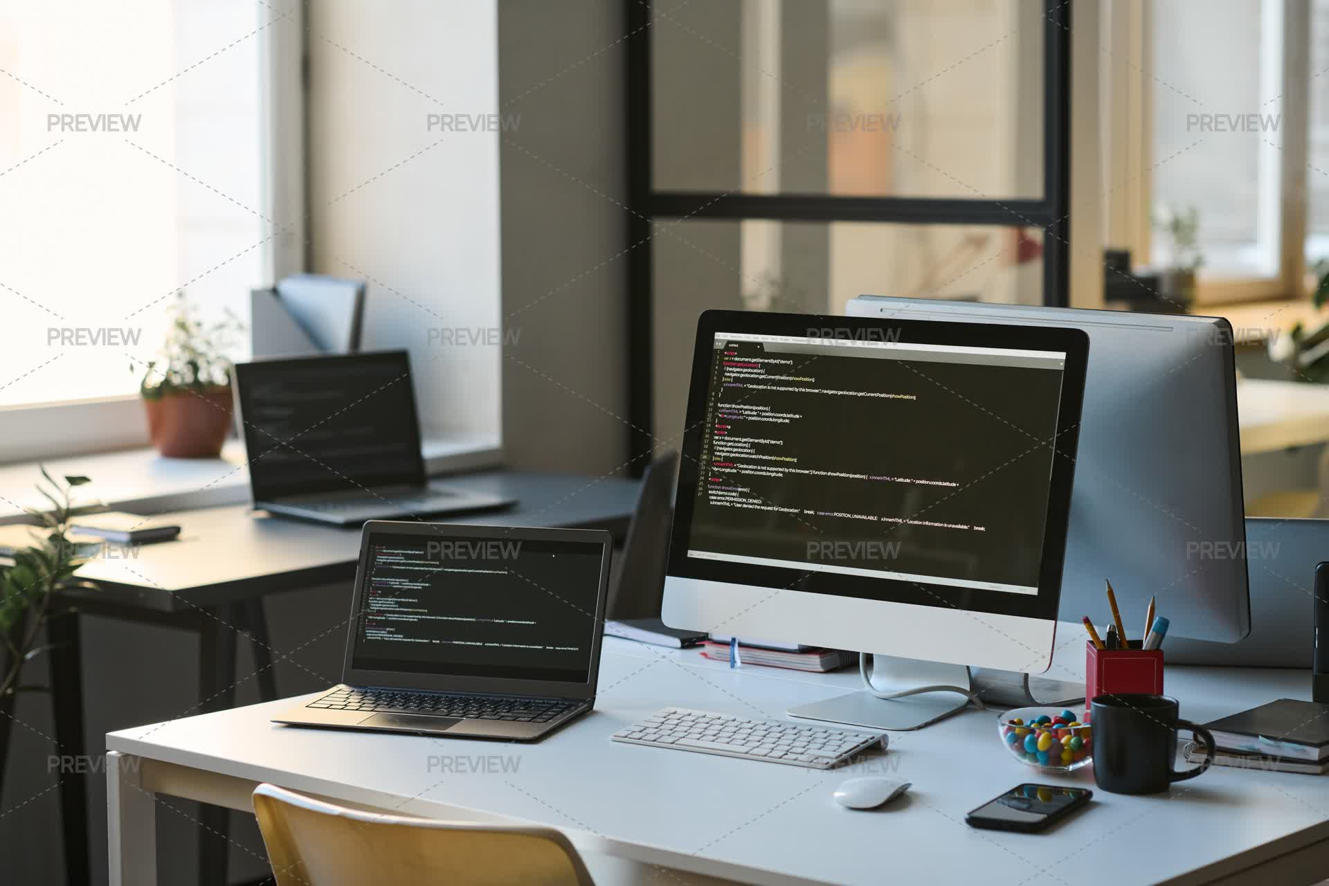 Workplace Of Programmer In Modern Office by AnnaStills - Stock Photos ...