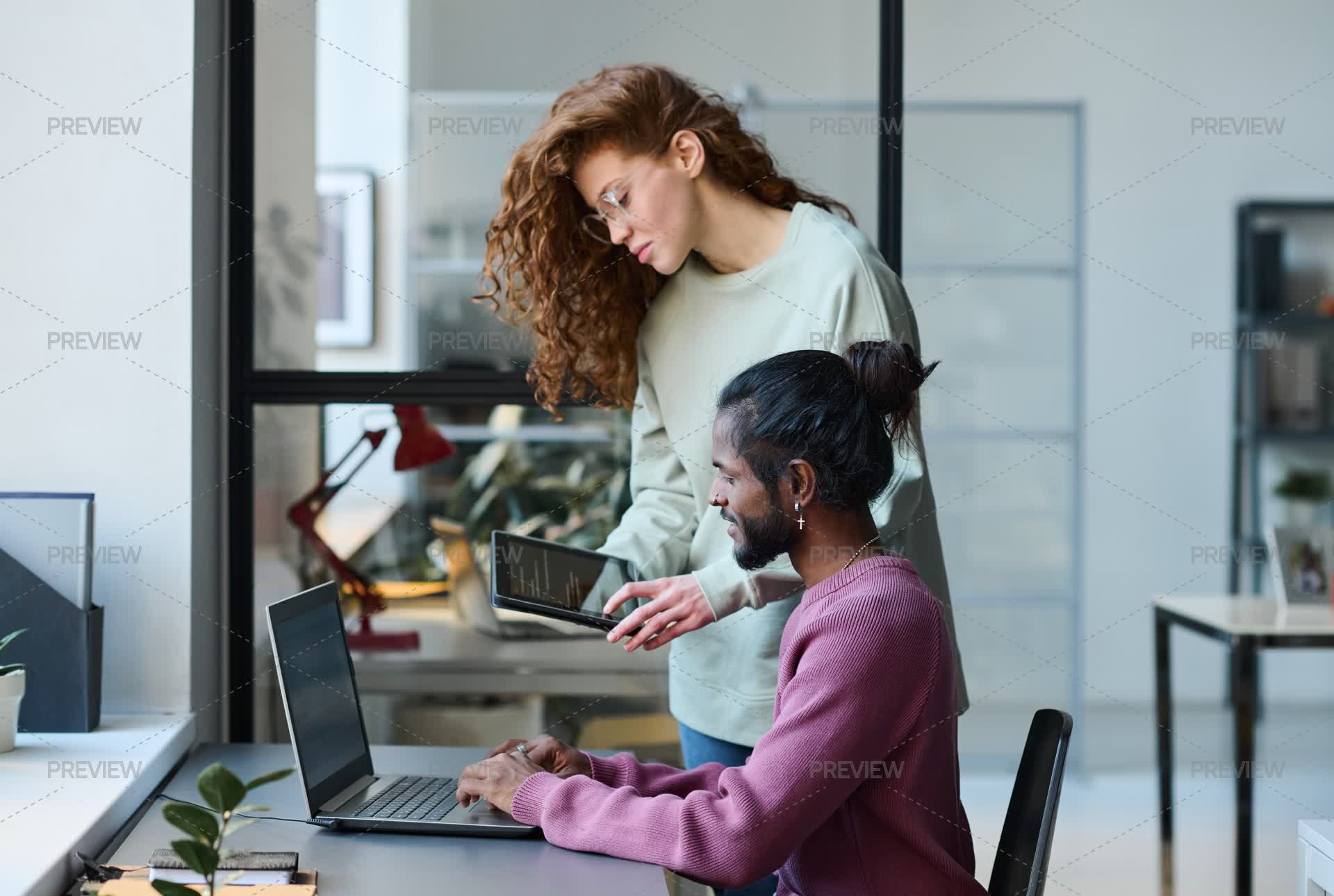 Colleagues Working With Codes For Computer Program - Stock Photos ...