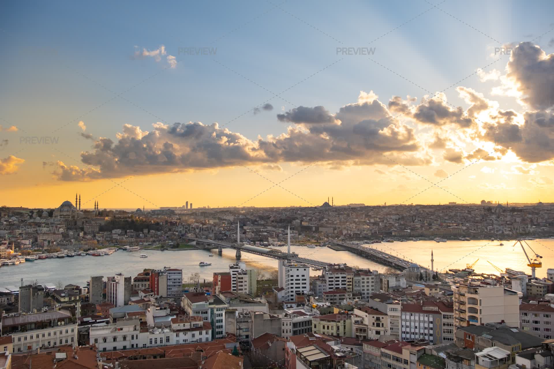 Aerial View Of Istanbul Downtown And The Bosporus At Sunset by T.A.K ...