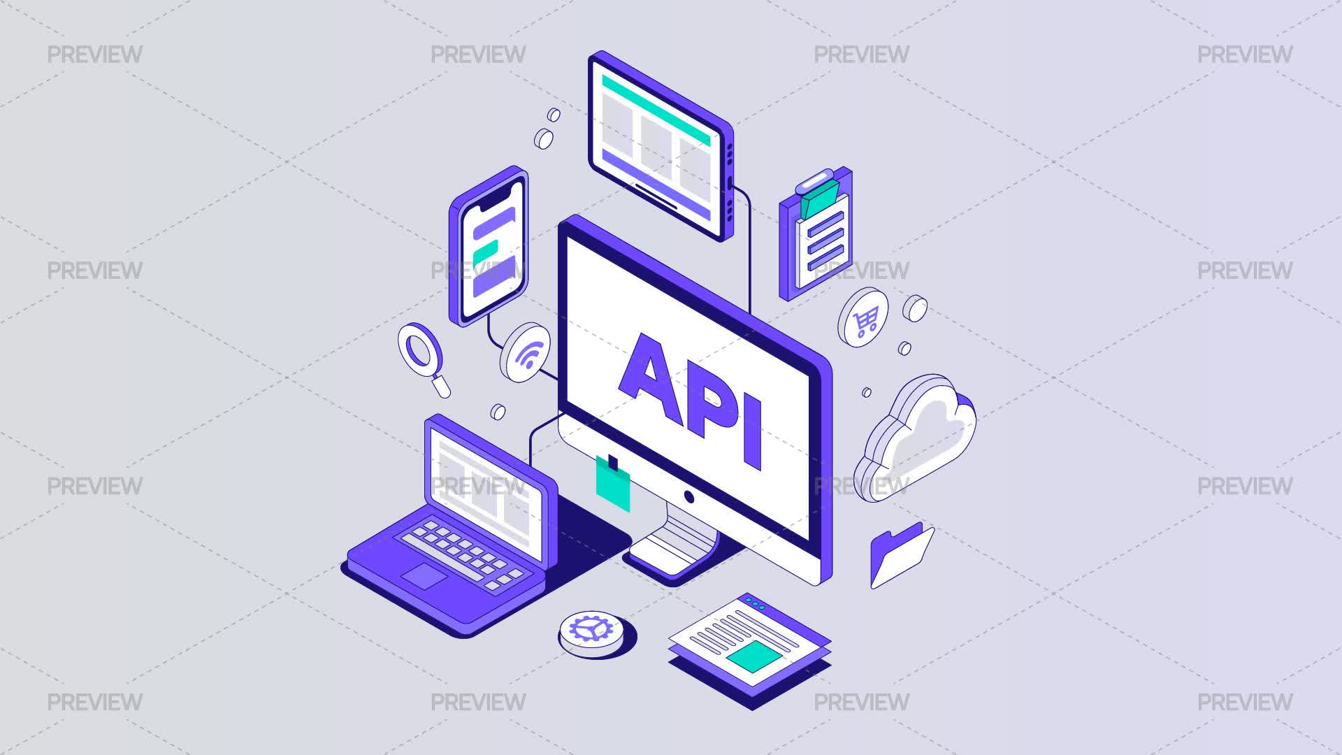 API Software Integration Isometric Illustration - Graphics | Motion Array
