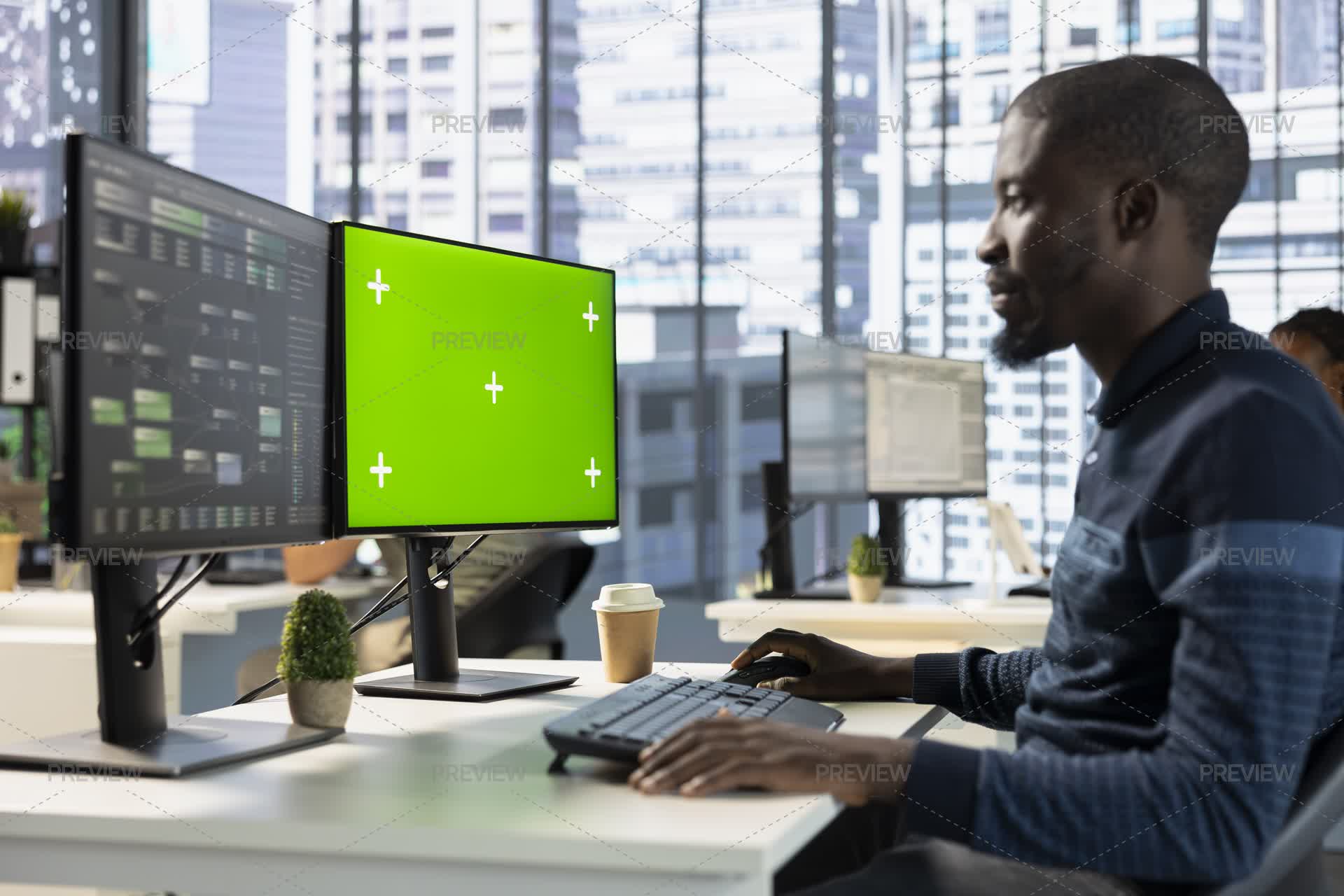 Greenscreen Testing Developer Conducting Experiments And Tests On Green Screen Computer ...