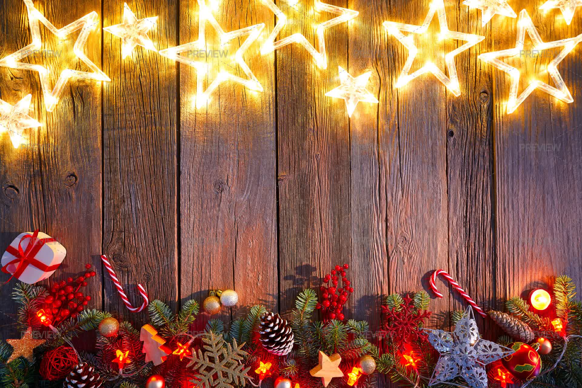 Glowing Christmas Lights On A Wooden Christmas Background Xmas Card by ...
