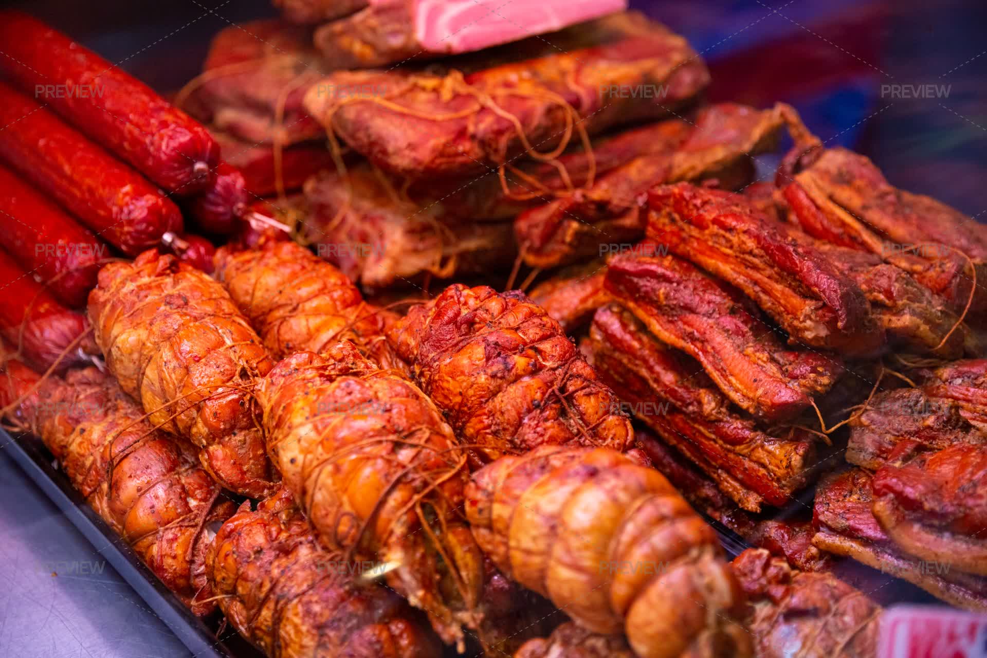 Meat Show Window Showcase Window Of Diverse Meat Production In A Butcher Shop. by ...