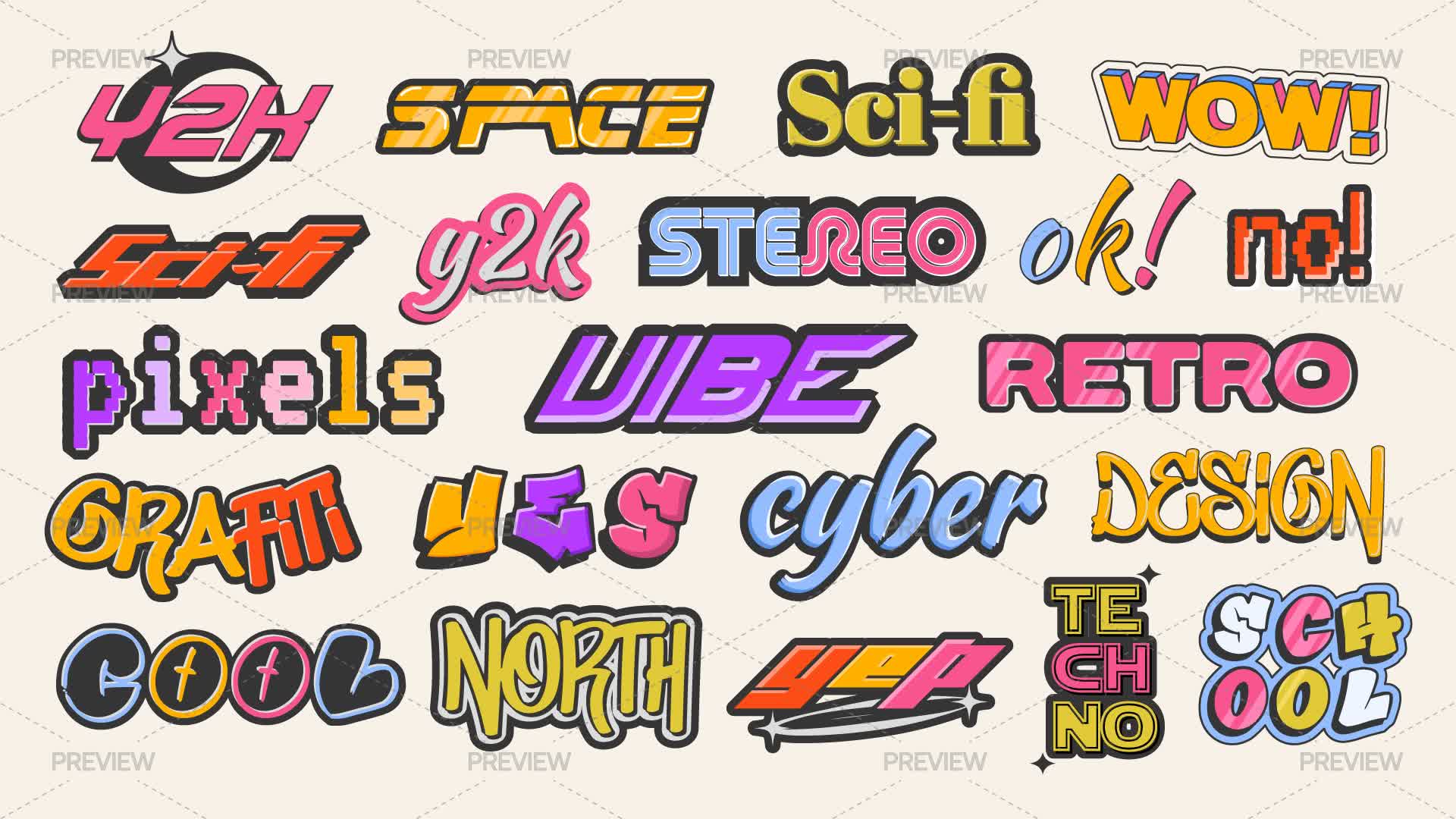 Lettering Sticker Y2k Retro Y2K Text Stickers - Graphics | Motion Array