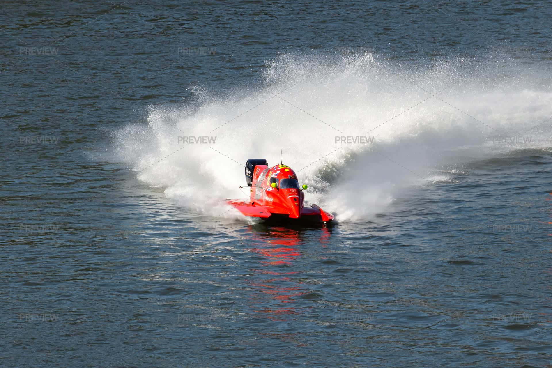 Red Powerboat Racing Red Powerboat Makes Turn With Splashes Of Water During Race. F2 ...