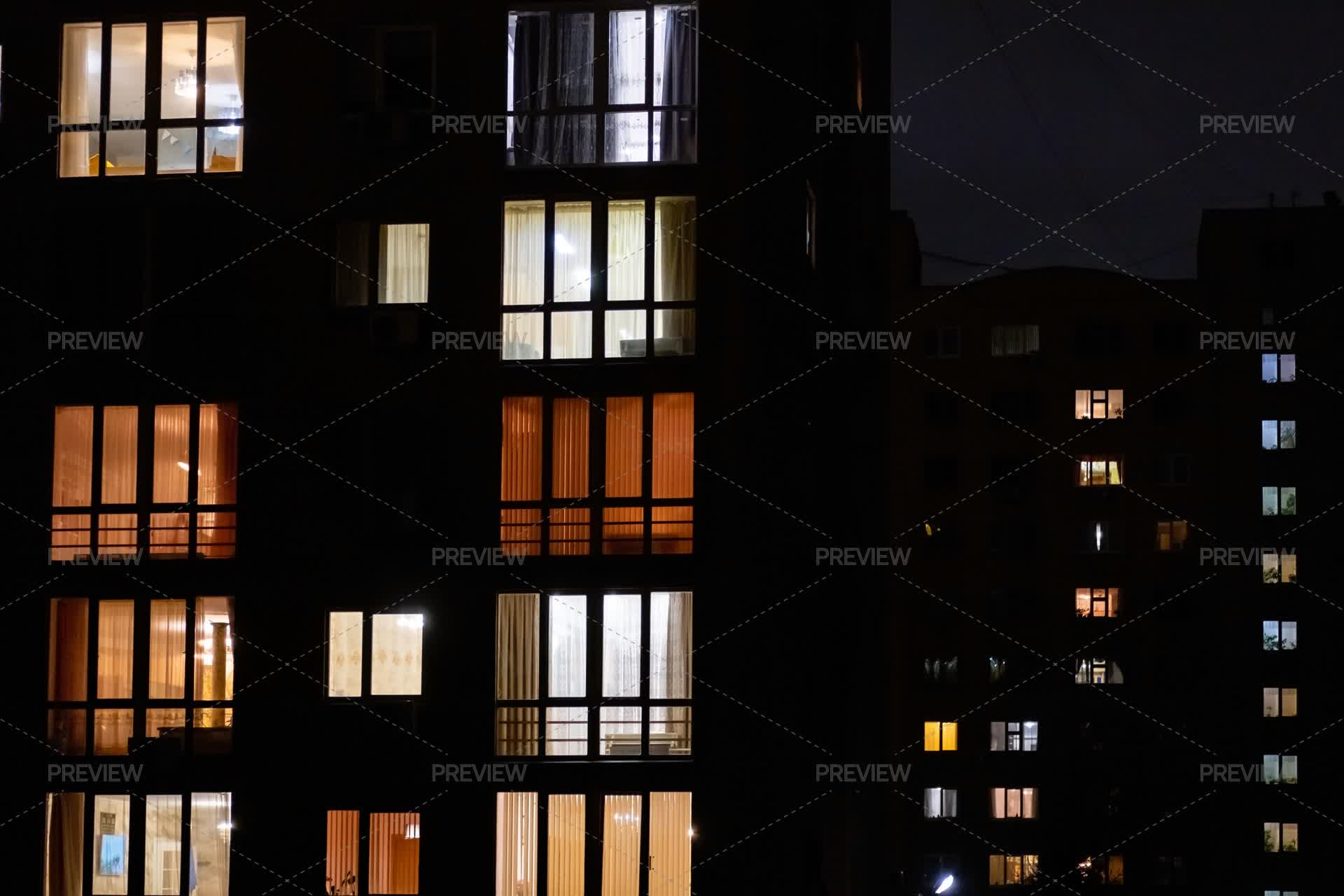 Illuminated Windows Of Night Multistory - Stock Photos | Motion Array