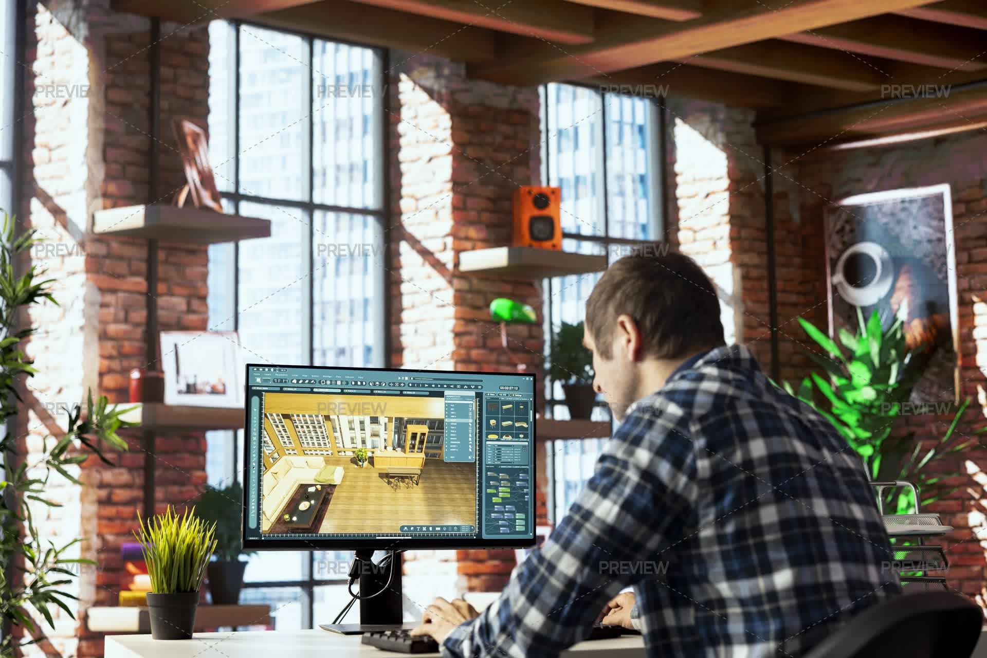 Interior Designer Uses 3D Modeling Program, Selecting Furniture From ...