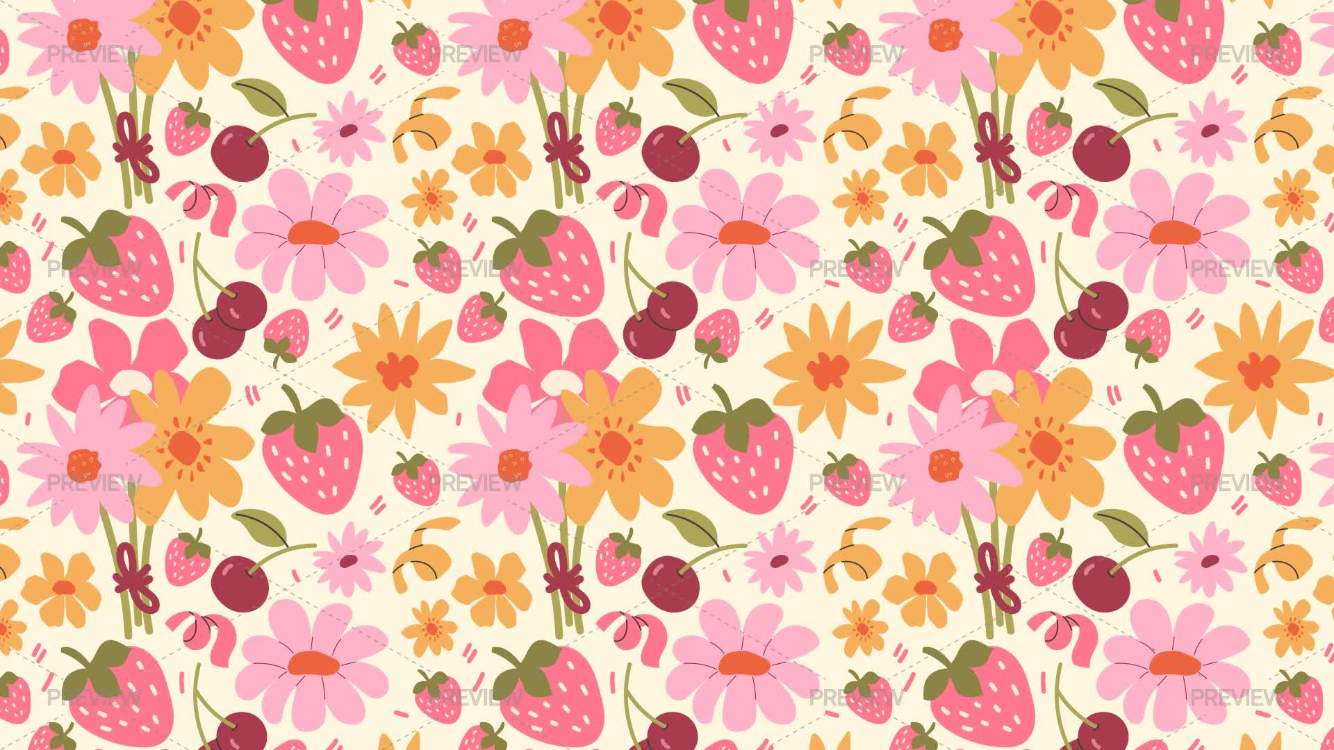 Strawberries And Flowers Seamless Pattern - Graphics | Motion Array
