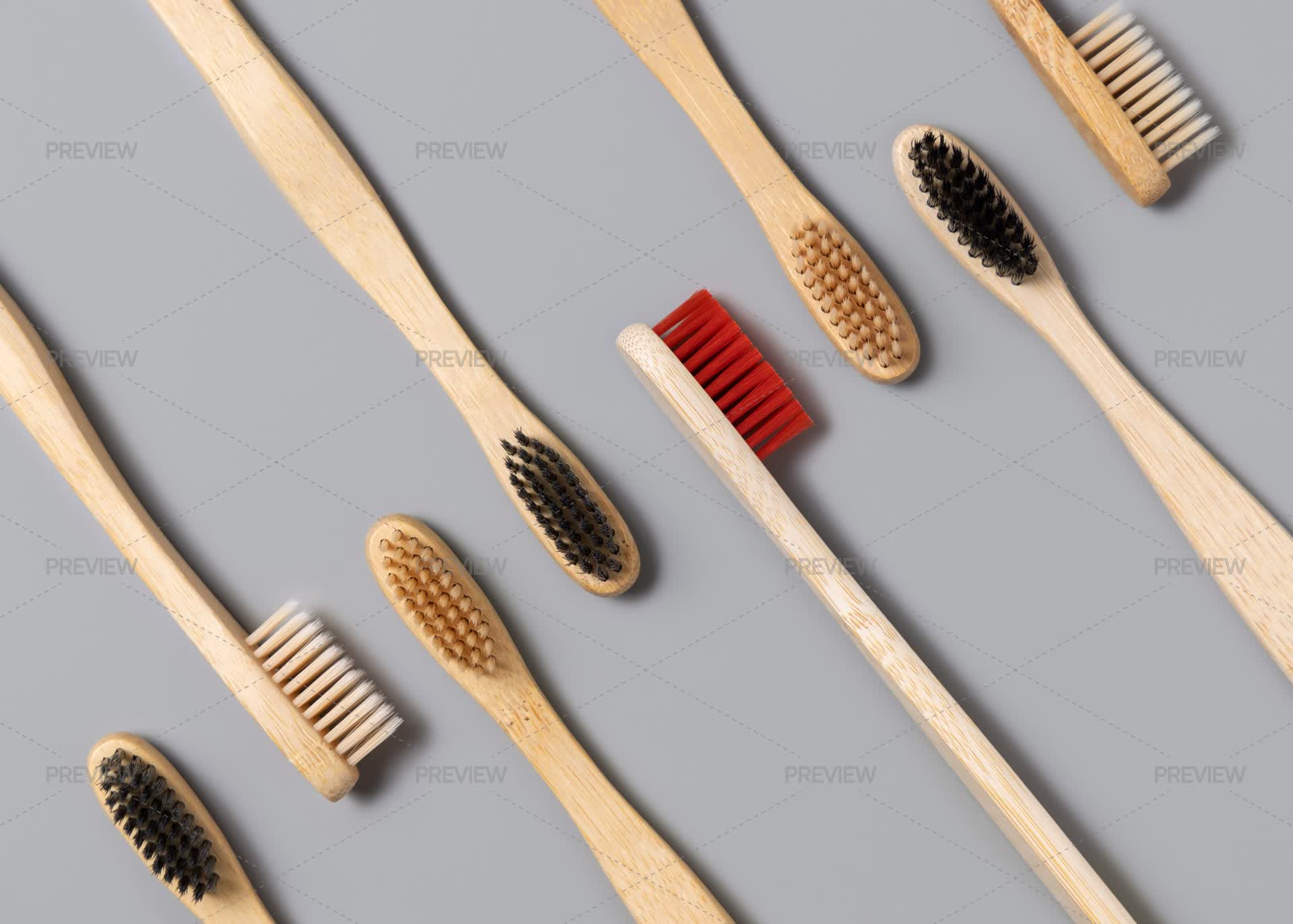 Array Toothbrush Beige Bamboo Toothbrushes In A Line On A Light Gray Top View. Zero ...