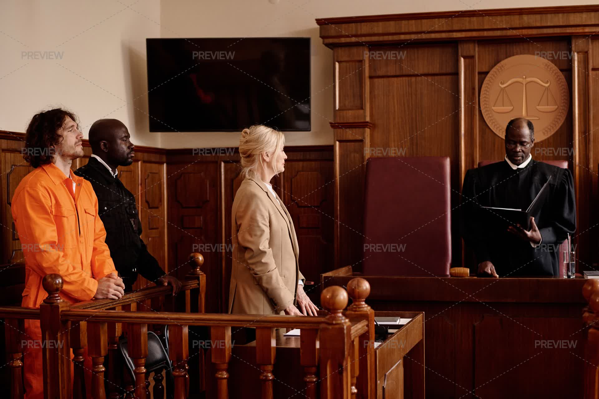 Judge Police Side View Of Female Attorney, Policeman, And Male Suspect Looking At ...