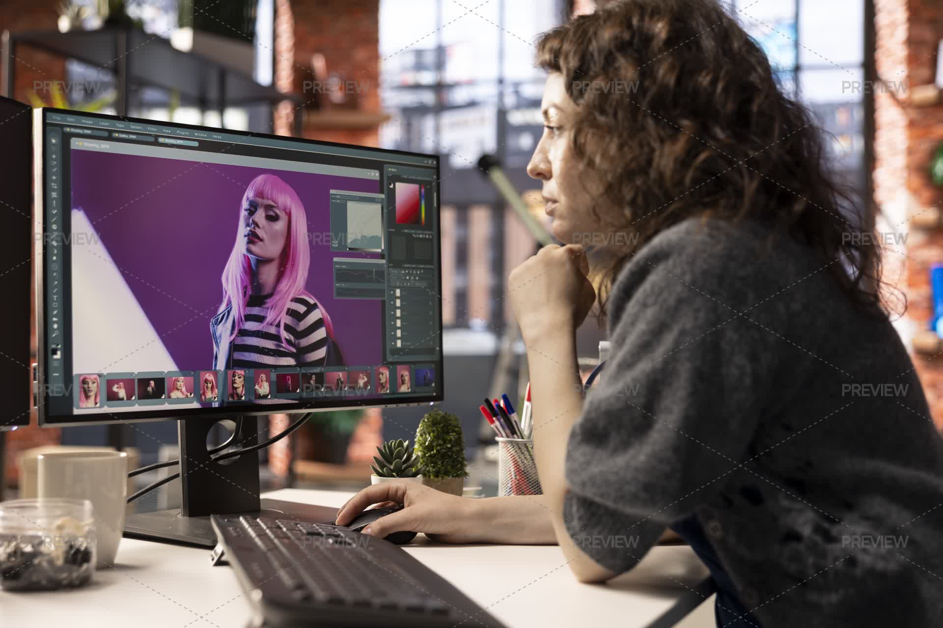 Modern Computer Editor Female Graphic Designer Editing Photos On A Modern Computer Setup ...
