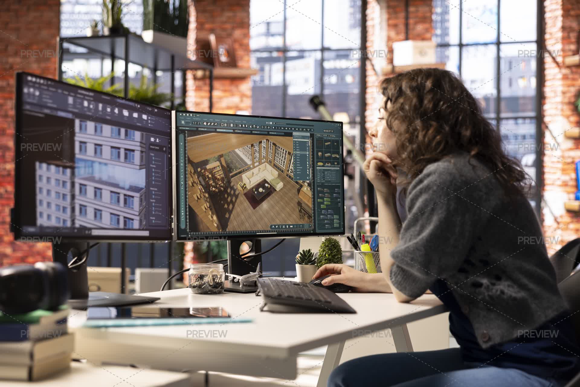 Professional Architectural Designer Configures A Floor Plan On Dual ...