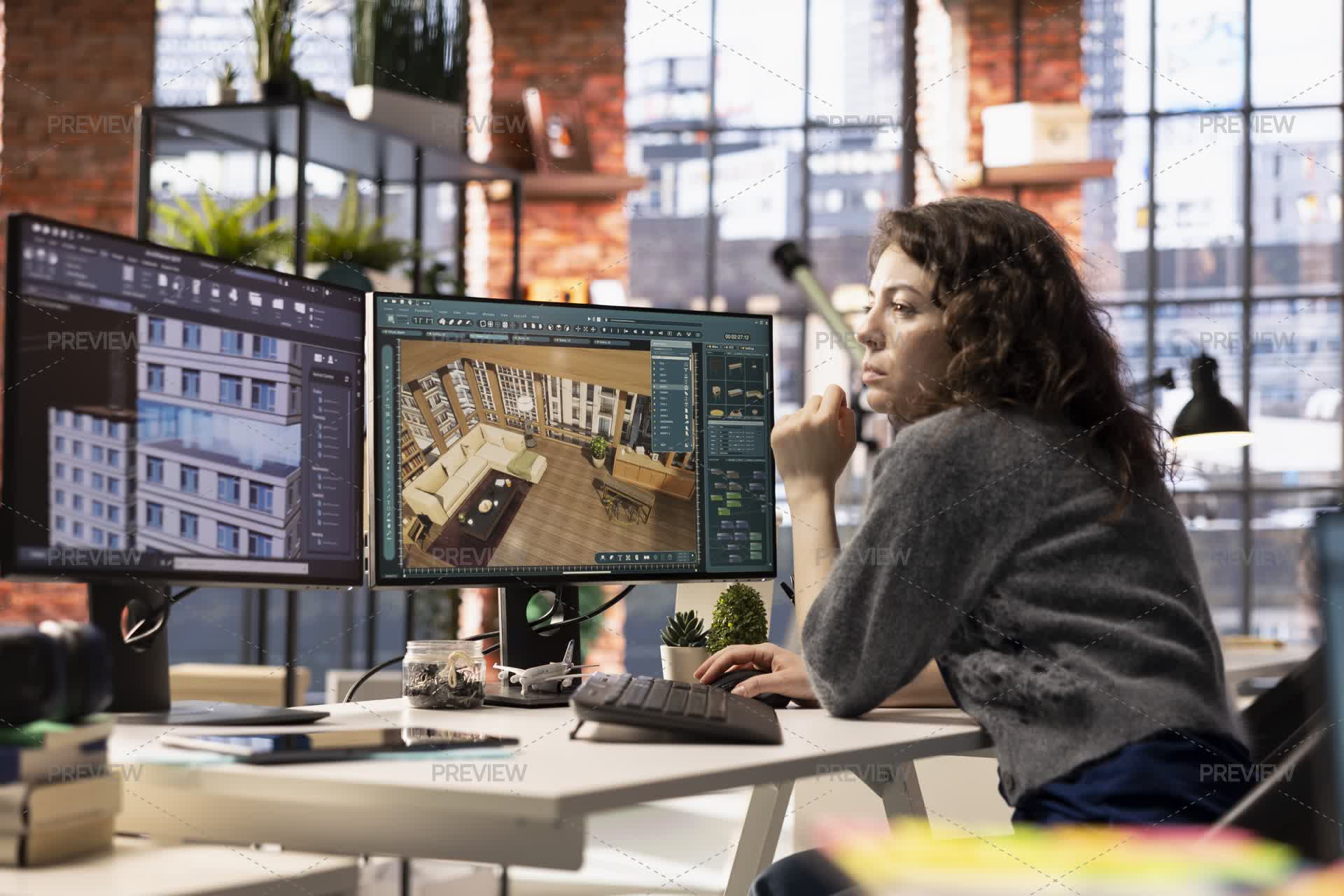 Woman Developer Works On An Interior Design Project Using CAD Software ...