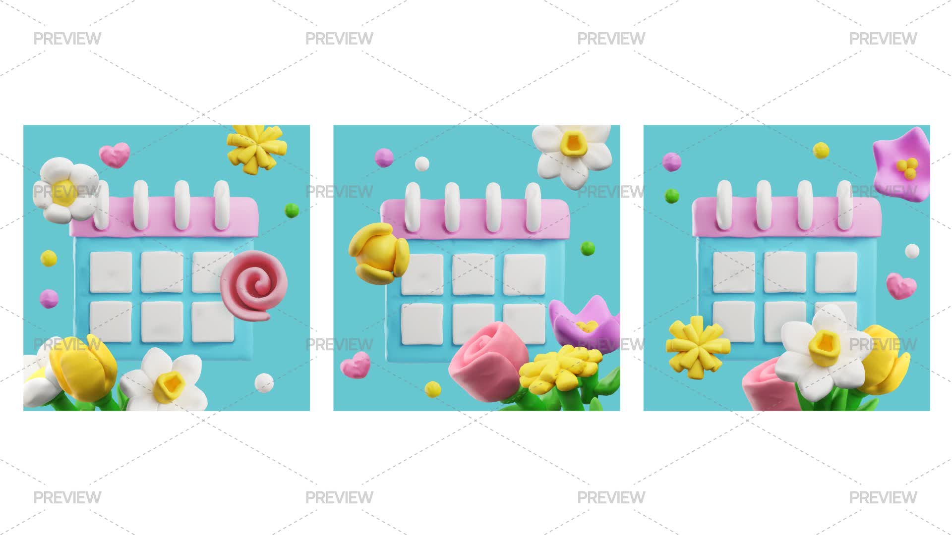 3 Calendars With Spring Flowers - Graphics | Motion Array