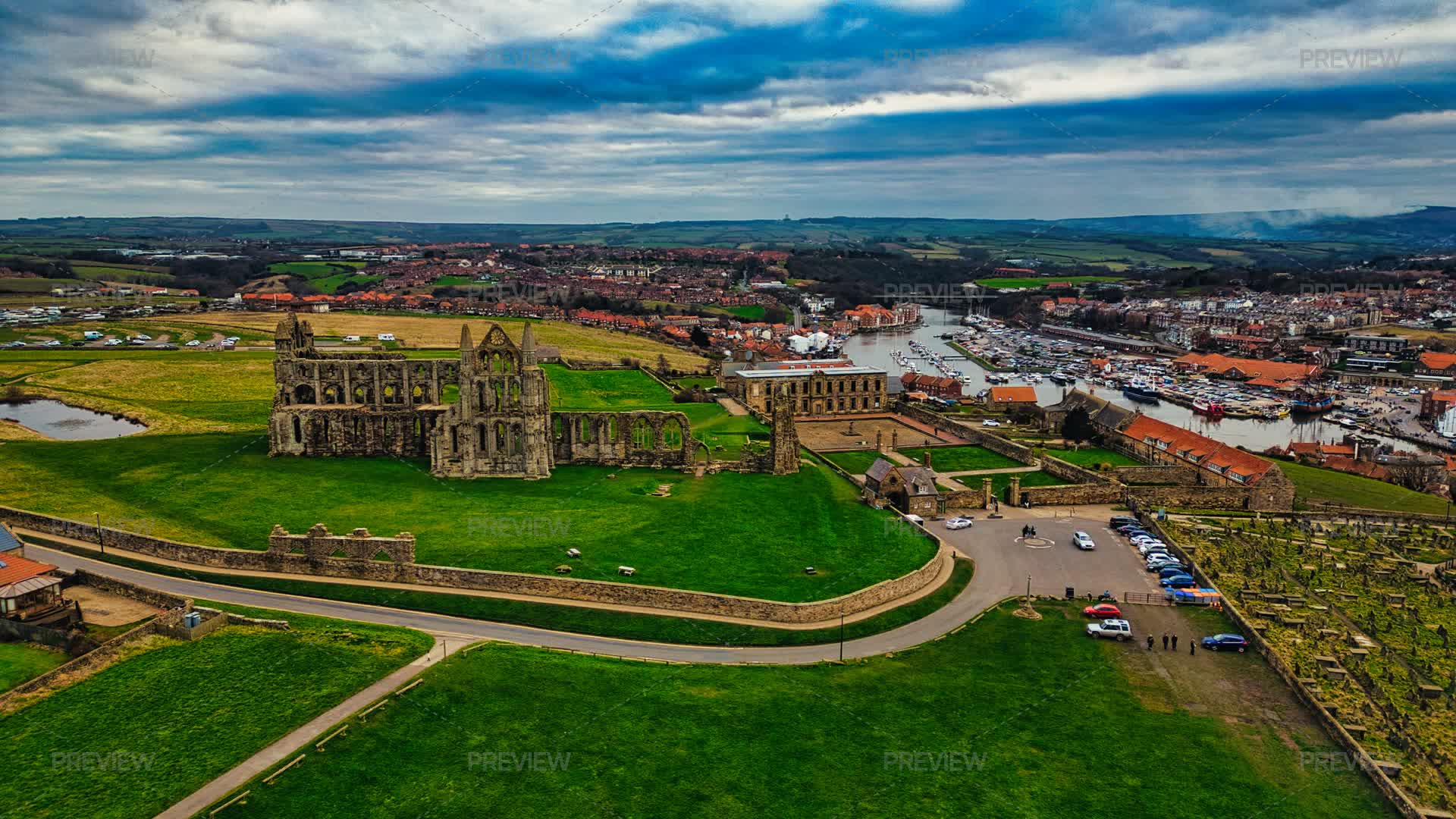 Whitby View Aerial View Of Whitby Abbey Ruins And Wh - Stock Photos | Motion Array