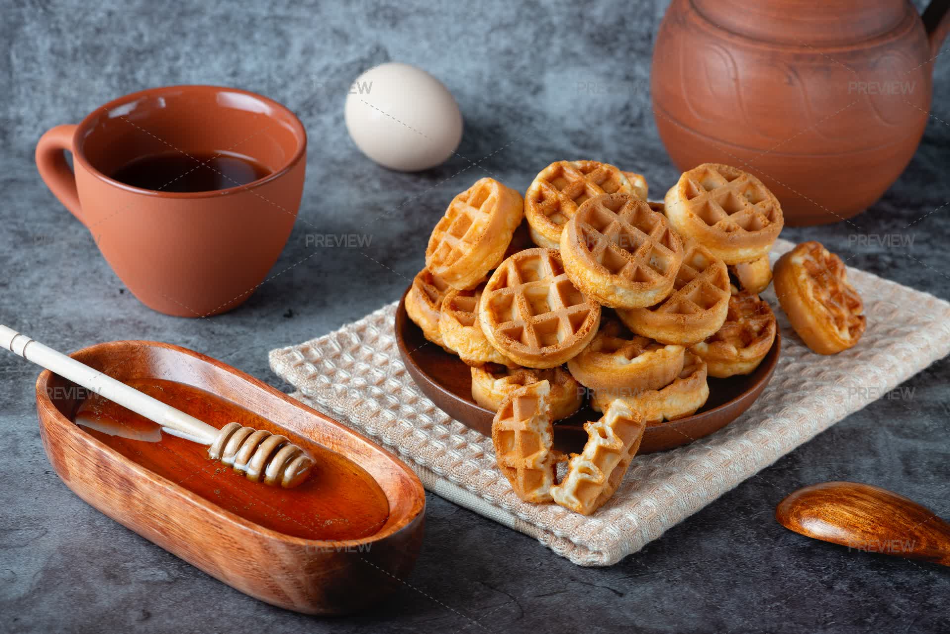 Waffles Array Breakfast With Belgian Waffles, Honey - Stock Photos | Motion Array