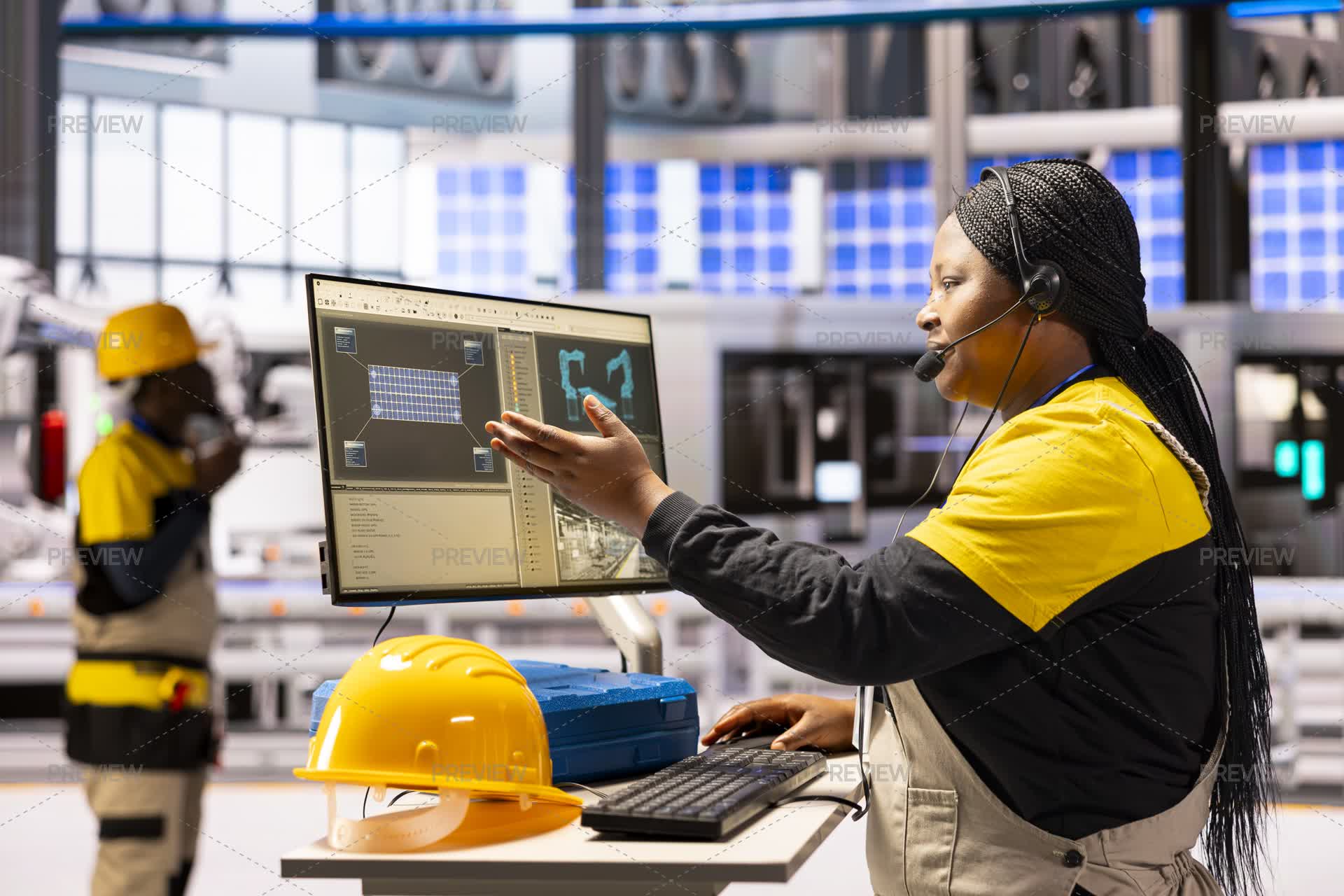 Smart Factory Engineer Tracks Automated Assembly Line In Industrial ...