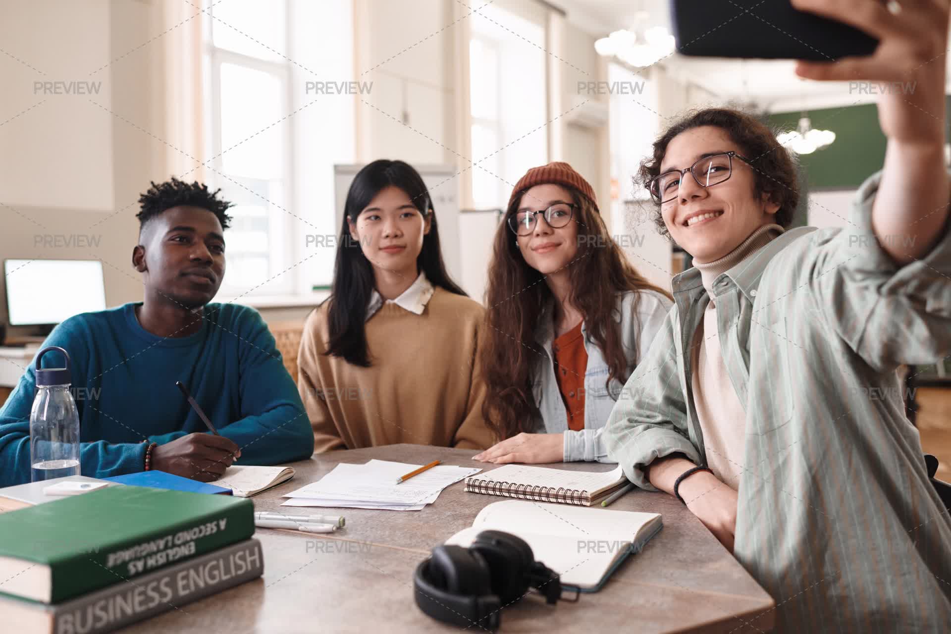 Multiethnic Group Of Students Taking Selfie - Stock Photos | Motion Array