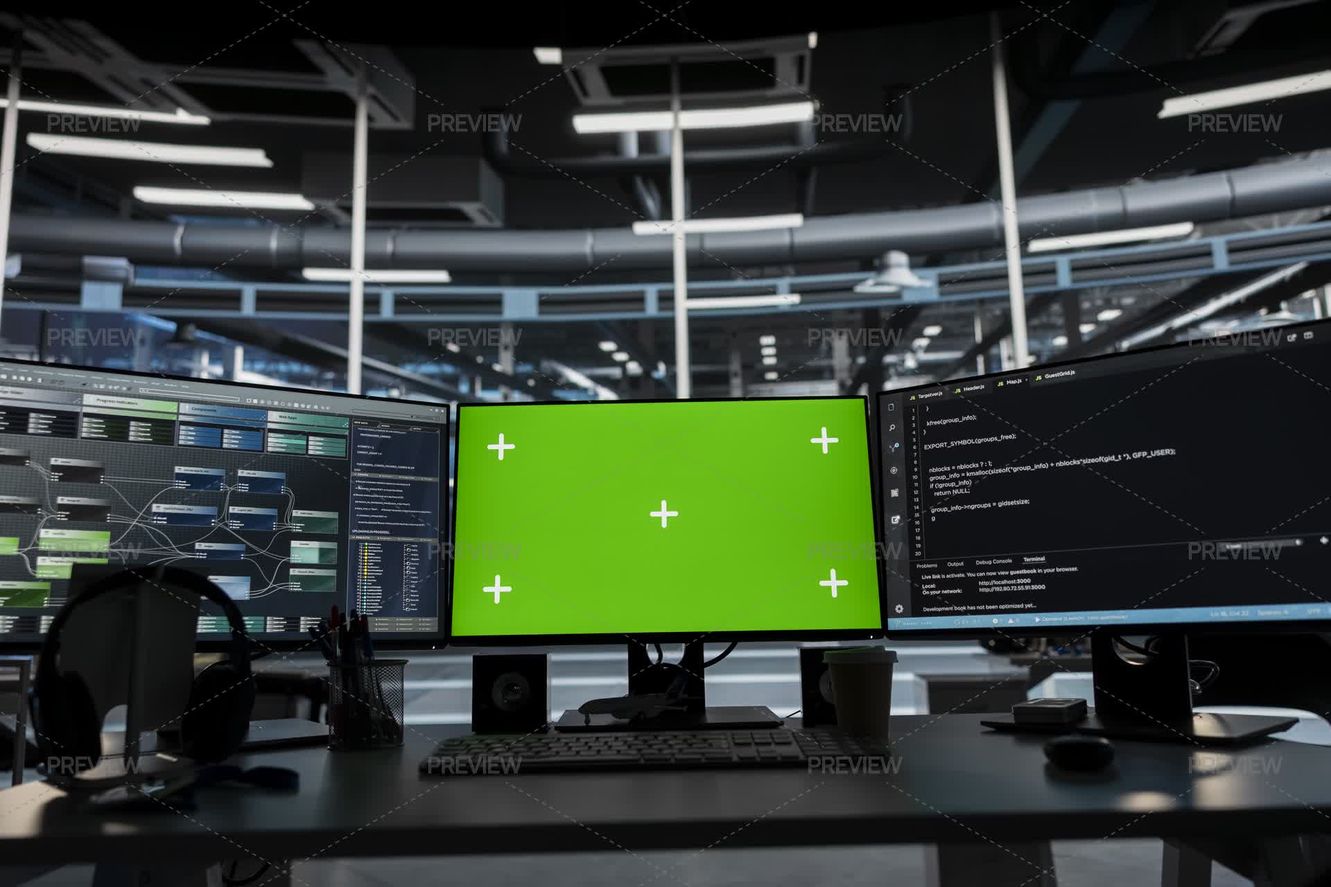 Green Screen Computer Monitors In Empty Data Center - Stock Photos ...