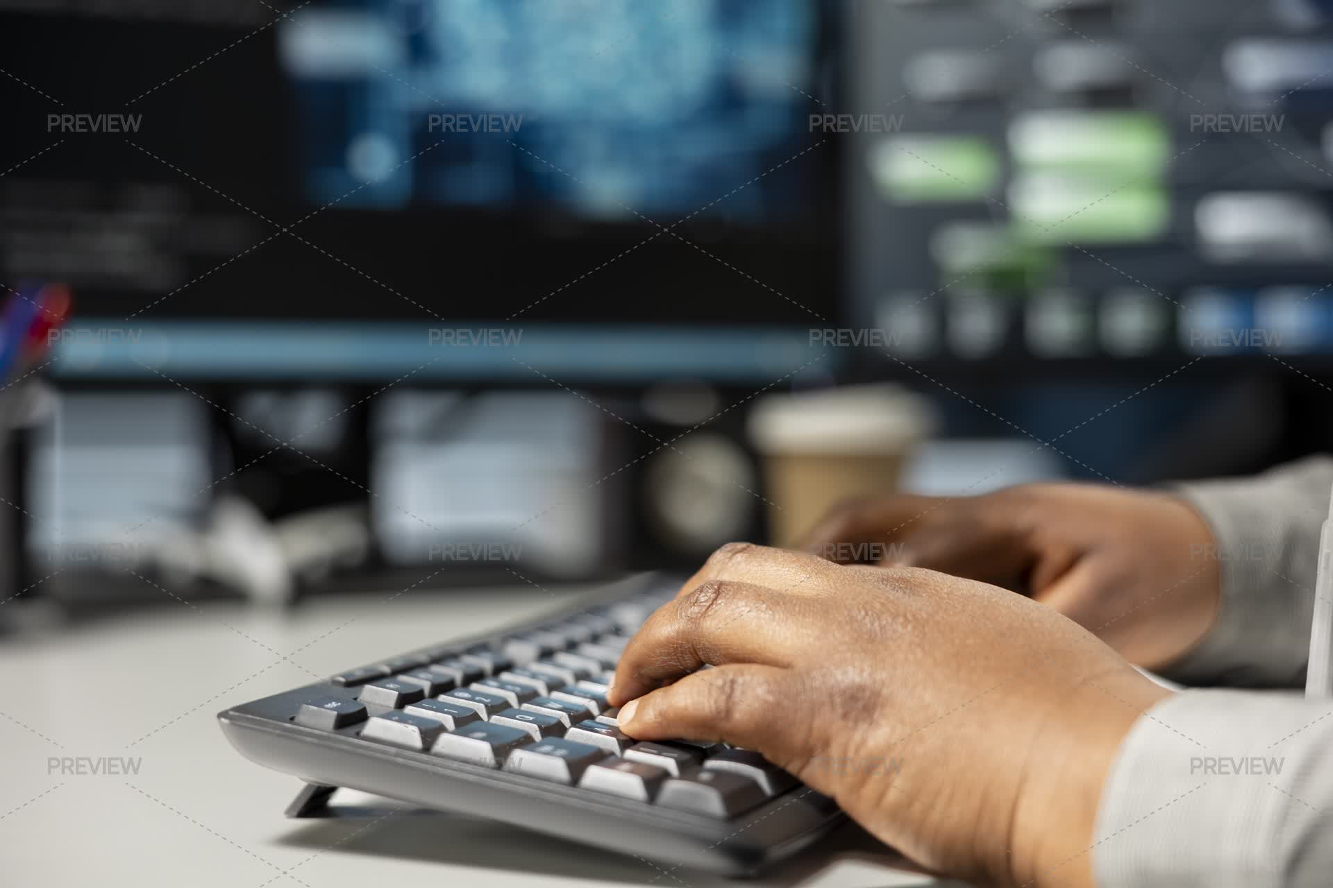 Close Up Of Data Center Programmer Typing On Pc Keyboard, Using AI ...