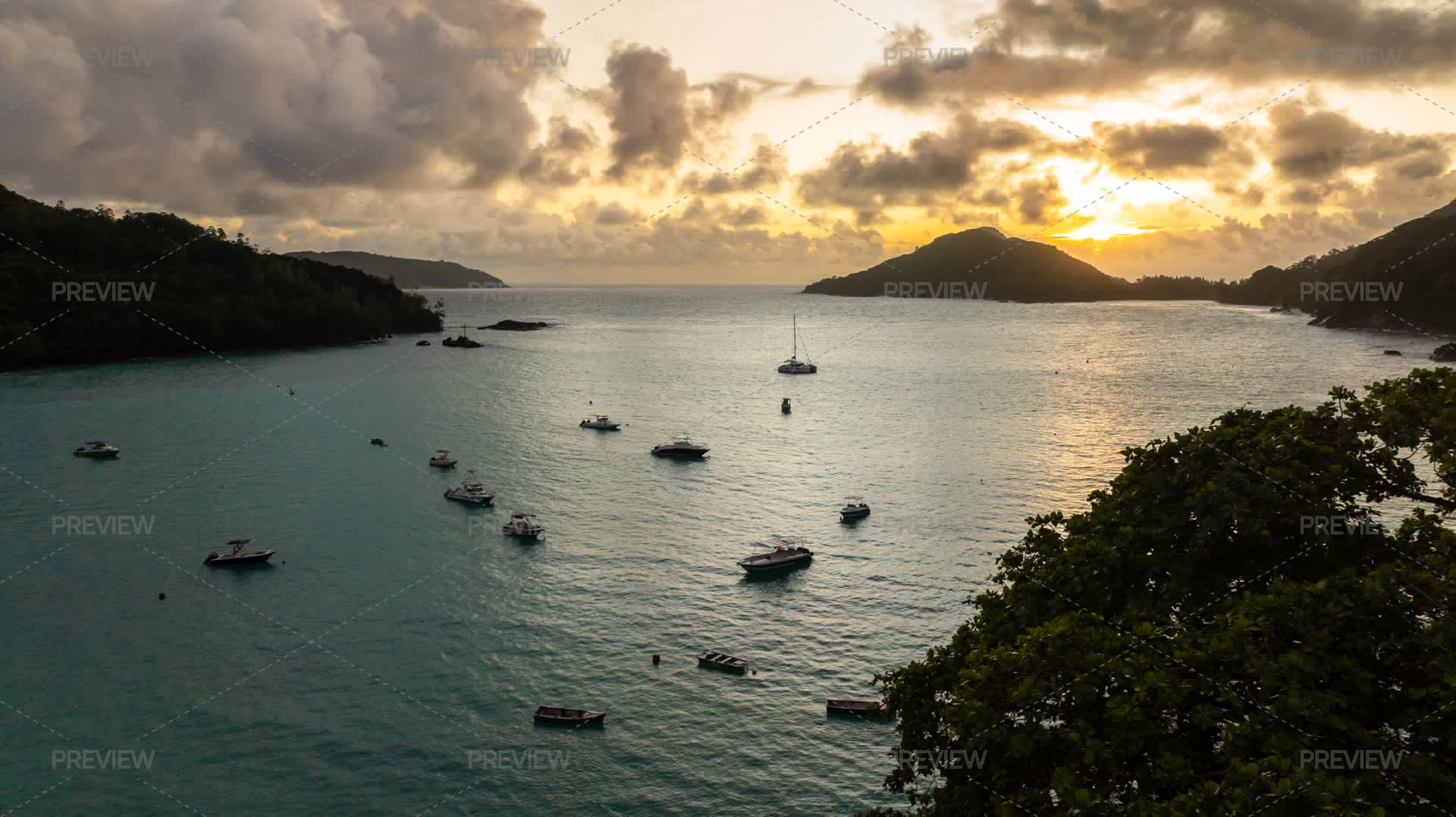 Boats Anchored In The Bay During Sunset. Seychelles, Mahe - Stock ...