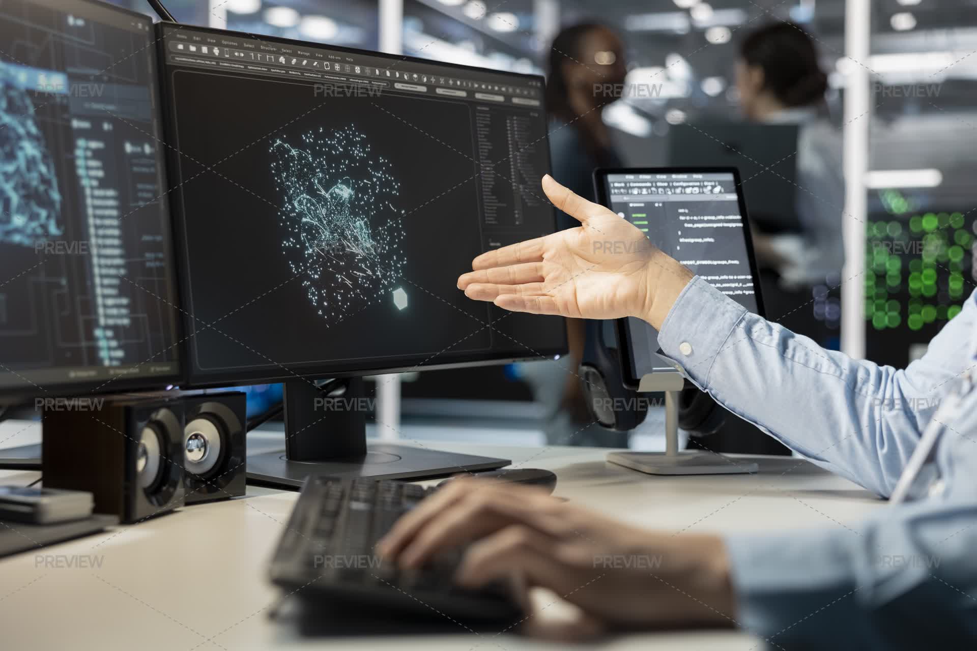 Close-Up Of Programmer Looking At Computer Monitor Running Scripts ...