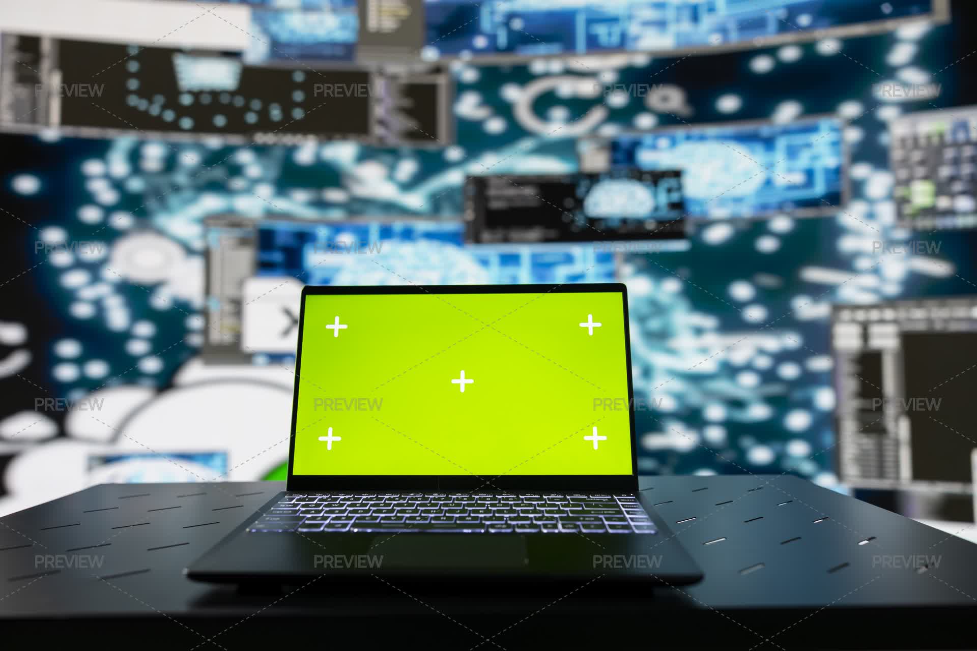 Computer With Green Rays Laptop Showcases Green Screen On A Display Surrounded By Ai Brain ...