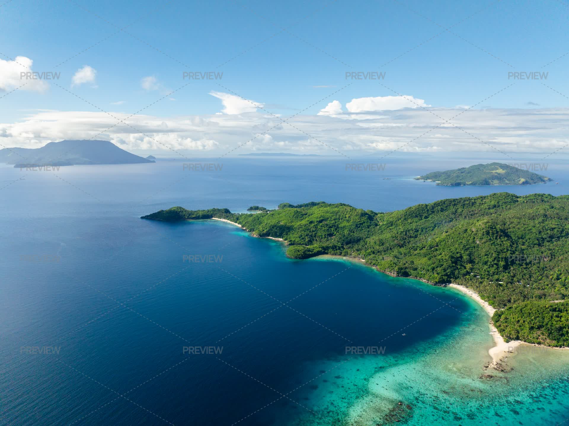 Aerial View Of Boats Over White Sand Beach In Alad Island. Romblon ...