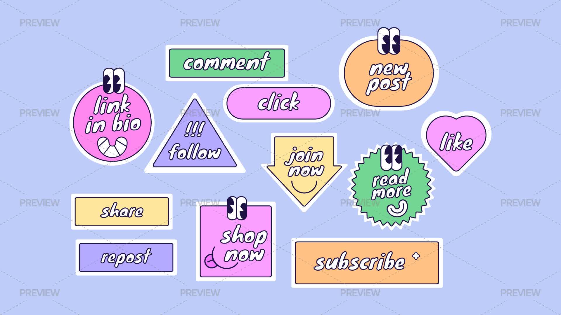 12 Comic Retro Call To Action Stickers Set - Graphics | Motion Array