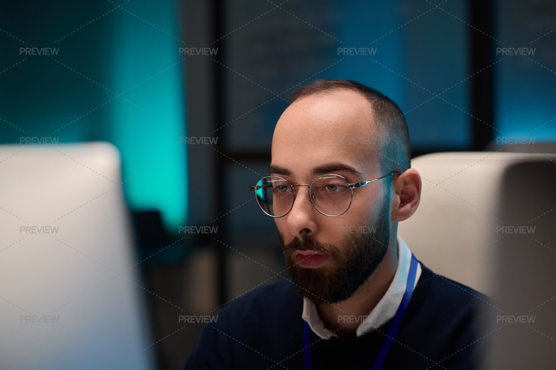 Bearded Computer Programmer Looking At Screen - Stock Photos | Motion Array