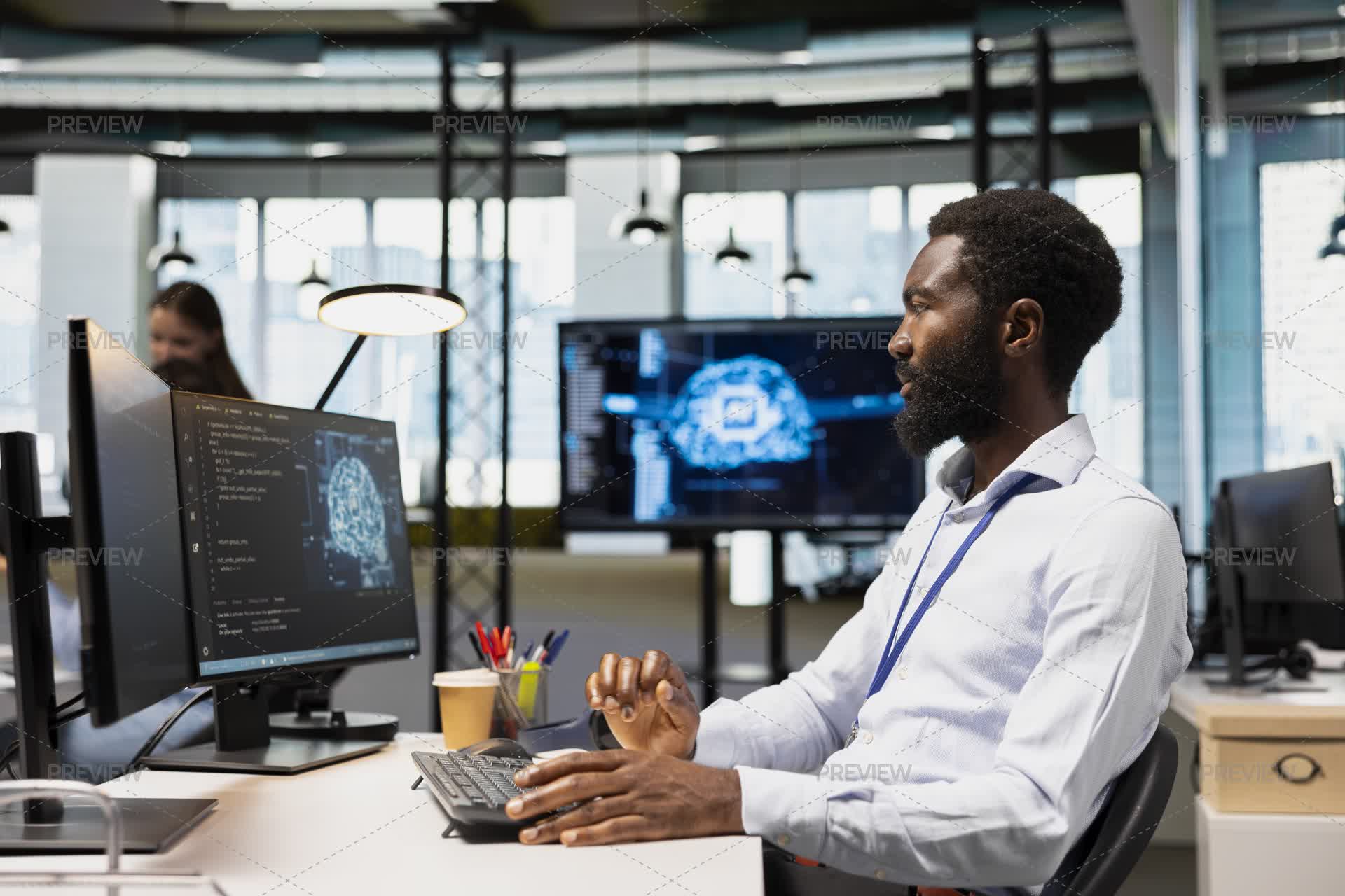 smiling software developer typing machine learning app... Software Developer Writing Code, Developing Machine Learning APIs ...