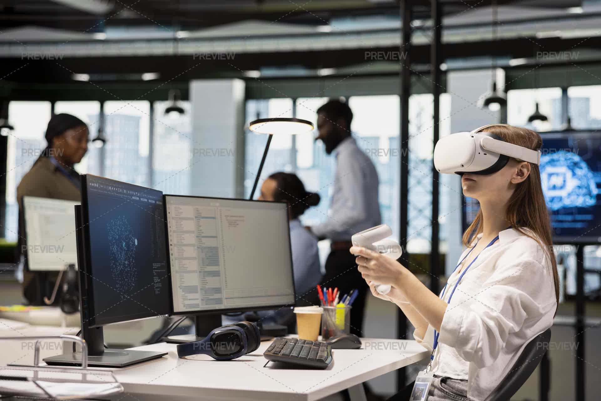 Female Engineer Wearing VR Goggles Coding With AI Language Model ...