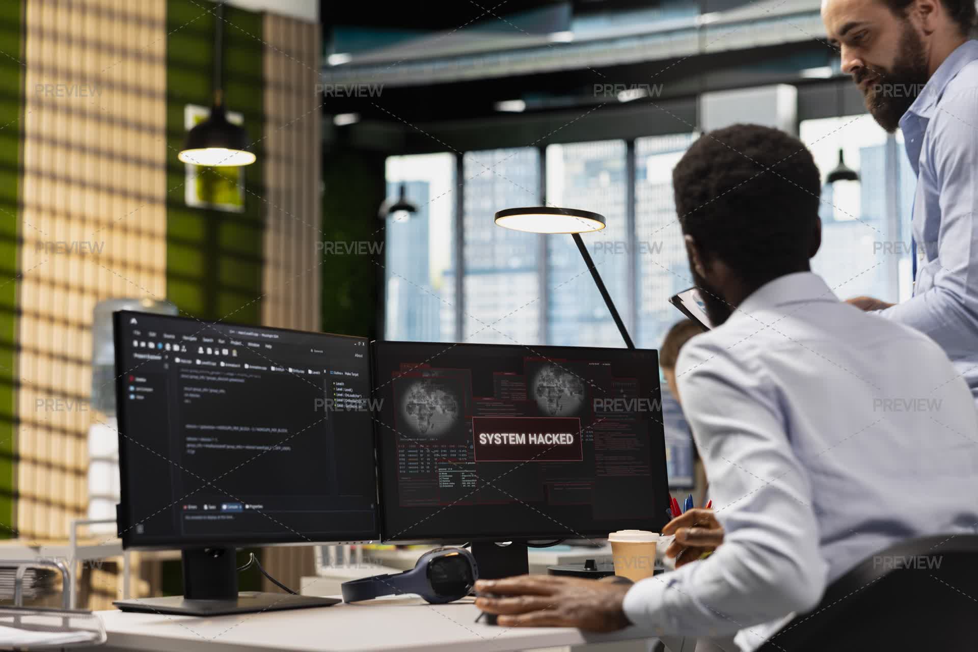 Compute Program Fighting IT Staff Fighting Hacker, Deploying Firewall Software To Prevent Data ...