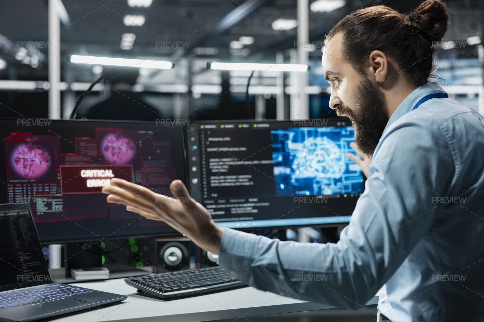 Engineer Fighting Computer Angry Data Center Engineer Raging, Struggling To Fix Malfunctions While ...