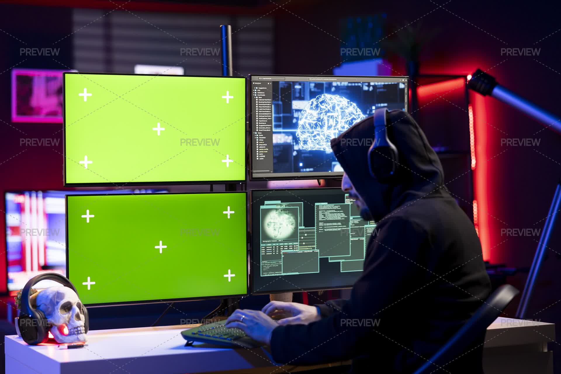 Rapper Checking Computer Hacker Listening To Music Coding On Green Screen PC - Stock Photos ...