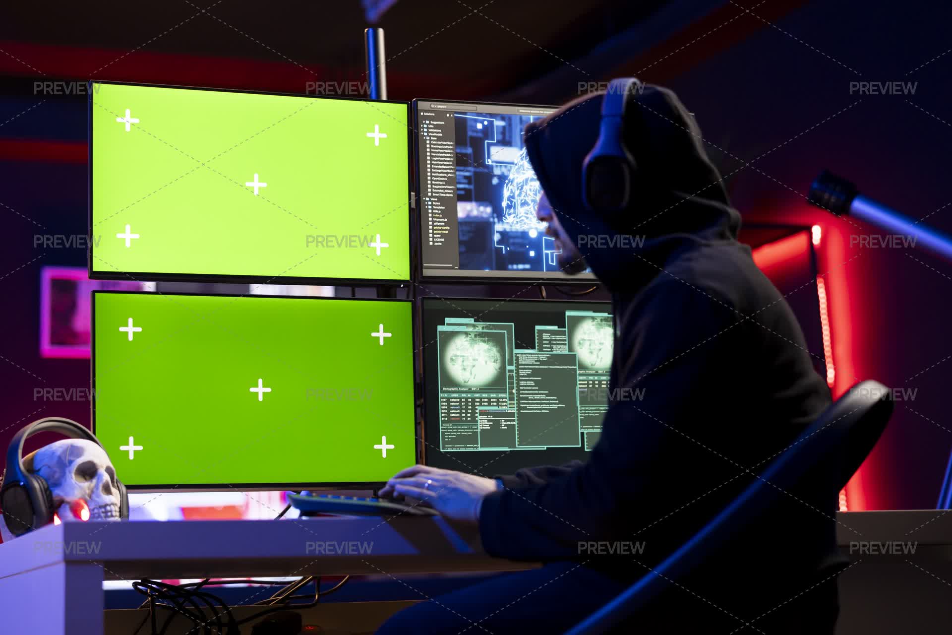 Hacker Sound Hacker Listening Music Doing Covert Operations, Using Green Screen PC ...