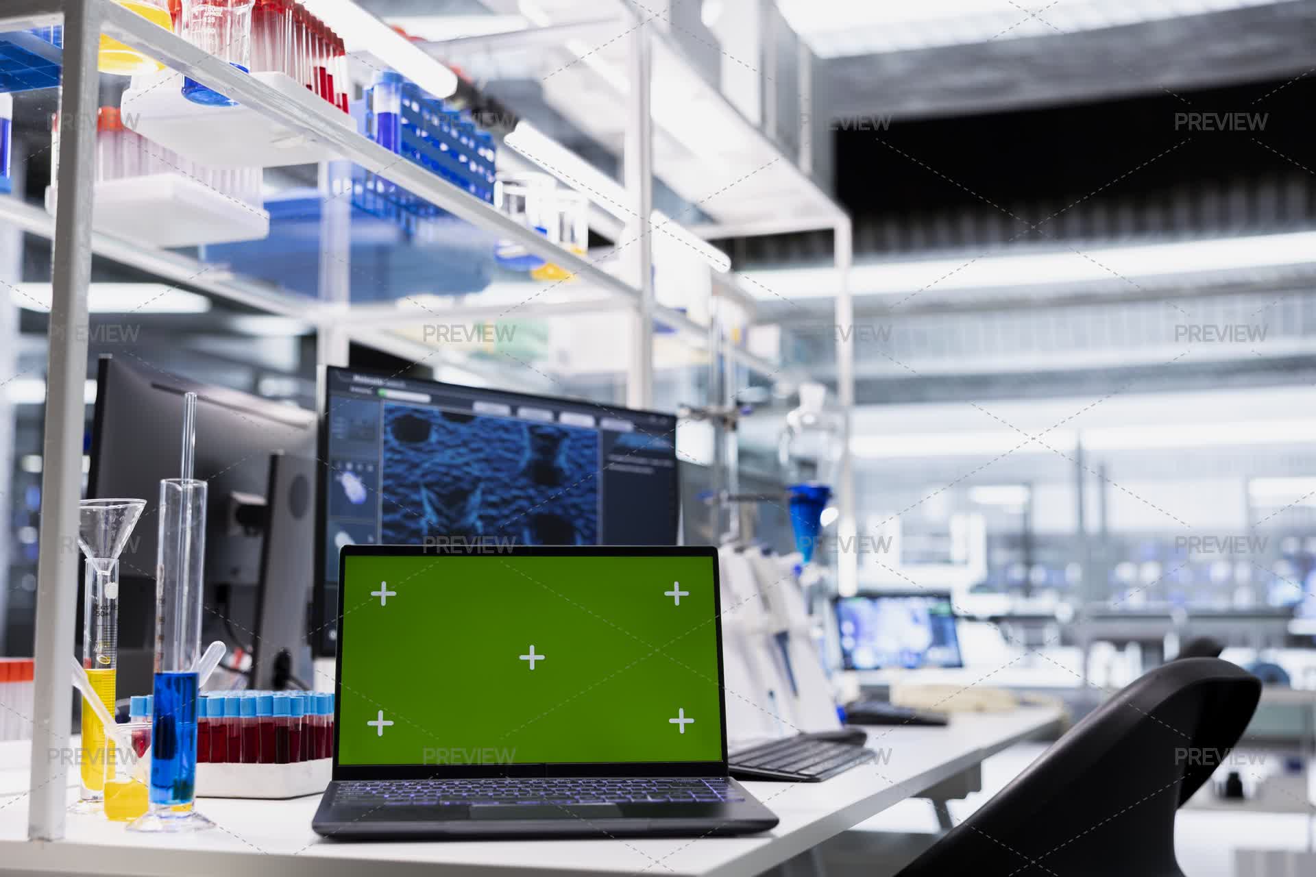 Random Lab Screen Green Screen Laptop And Monitor In Laboratory Showing Molecular Model ...