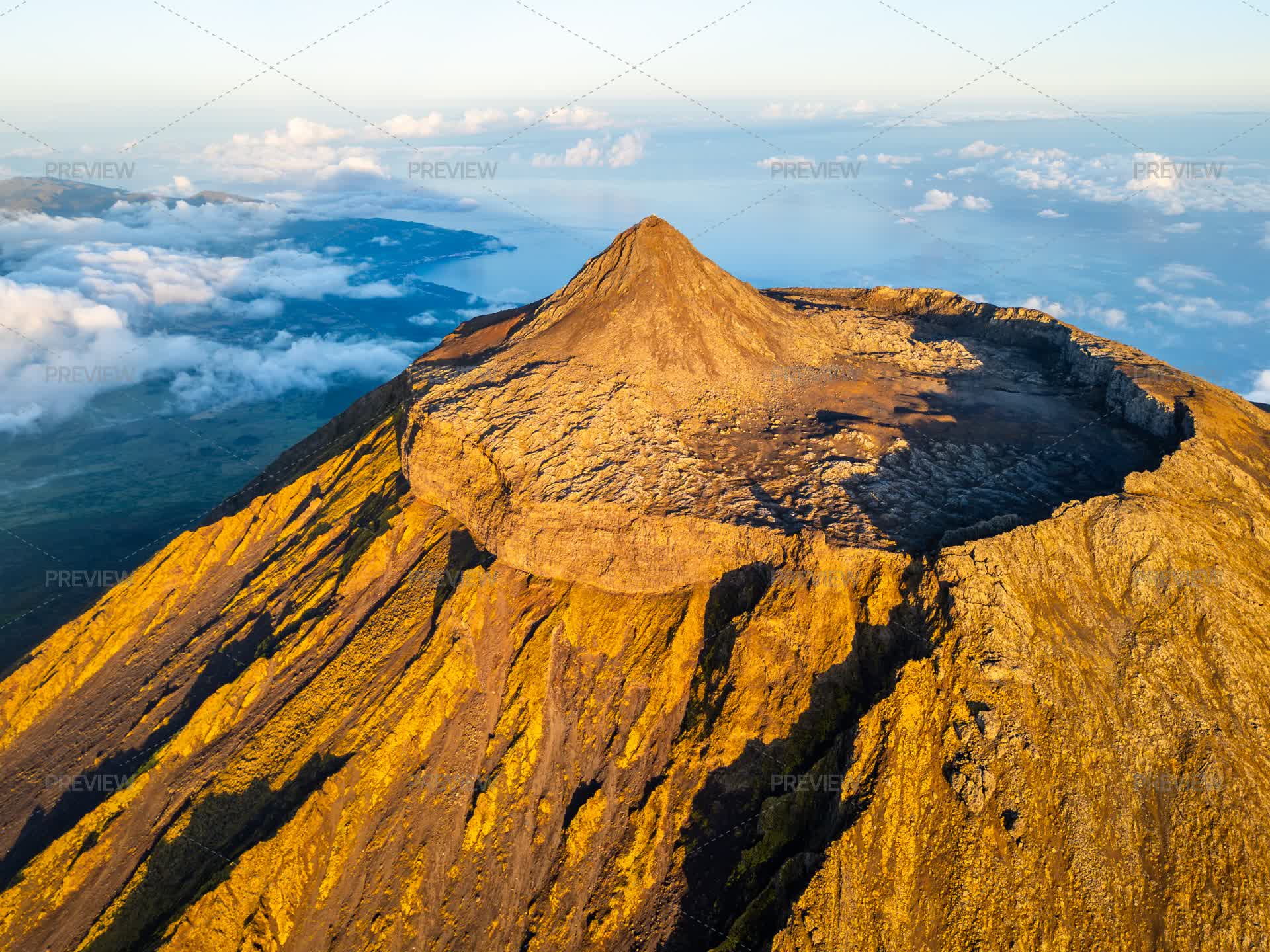 Pico Views Top Of Mount Pico Stratovolcano, Crater And Clouds At Sunset. Shadow Of ...