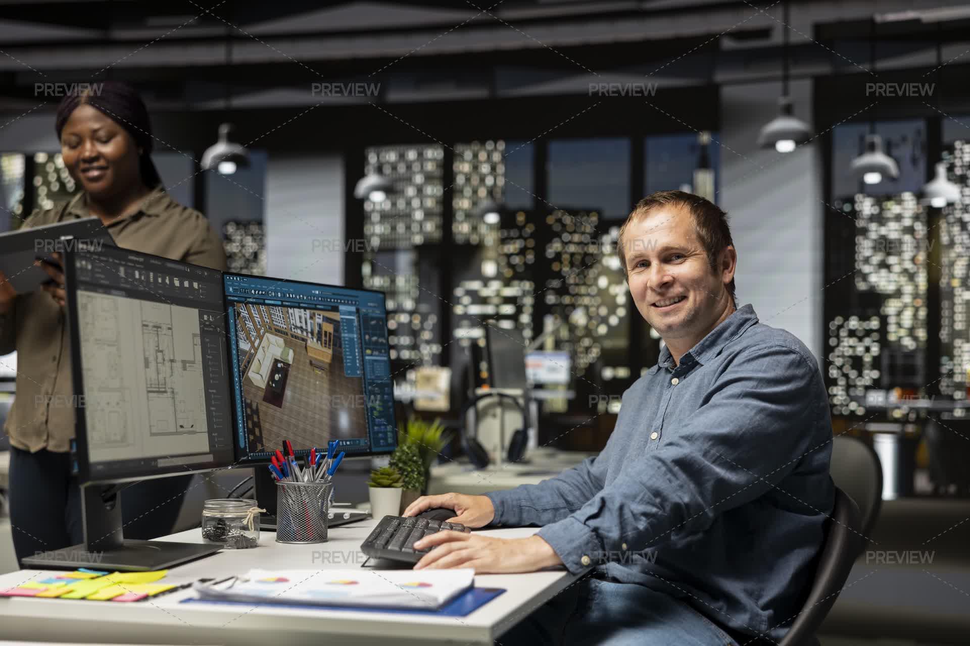 Engineer Working On Floor Plan Interior Design At Computer by DCStudio ...