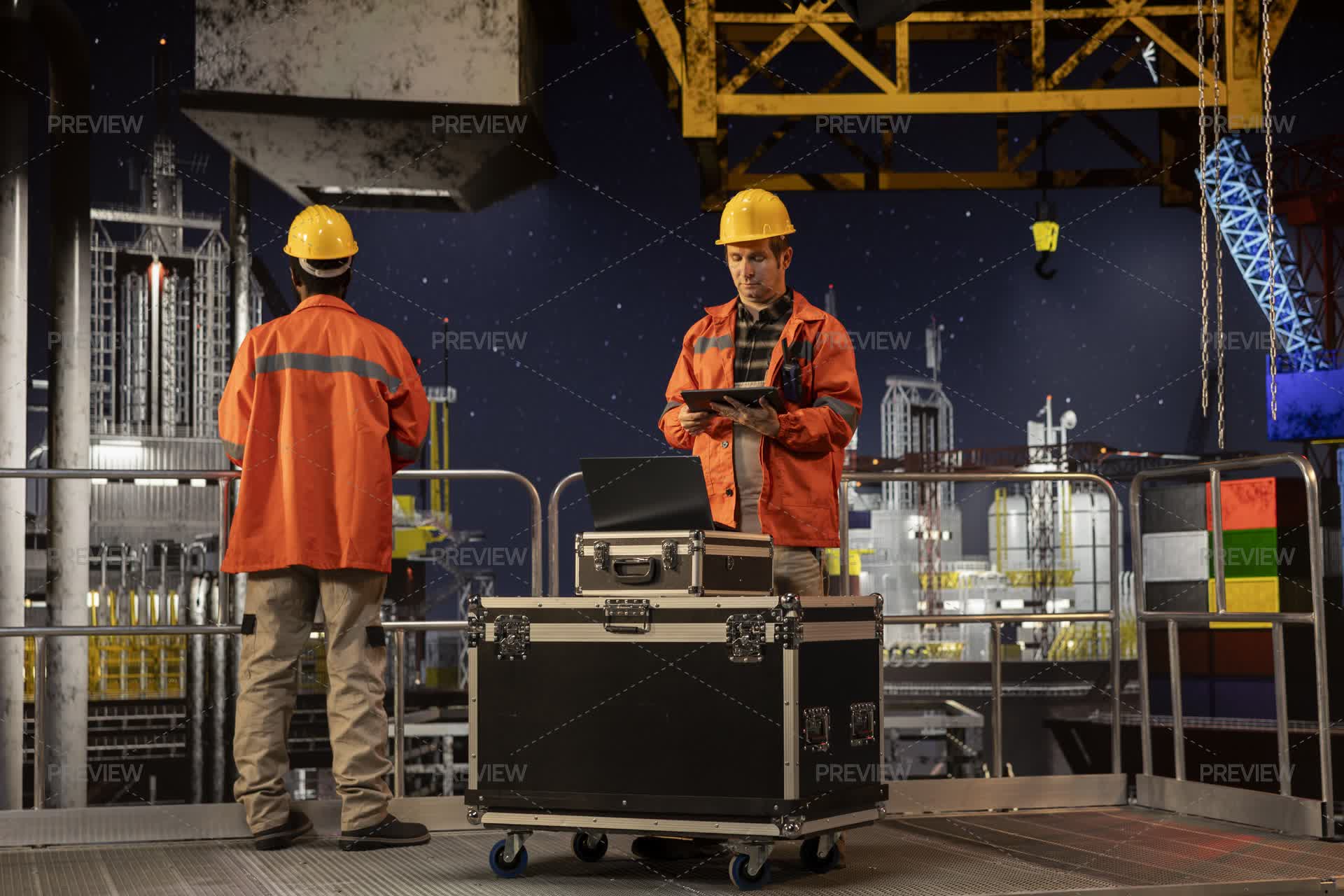 Monitoring Rig Male Offshore Engineer Monitoring Oil Rig Platform Operation Using ...