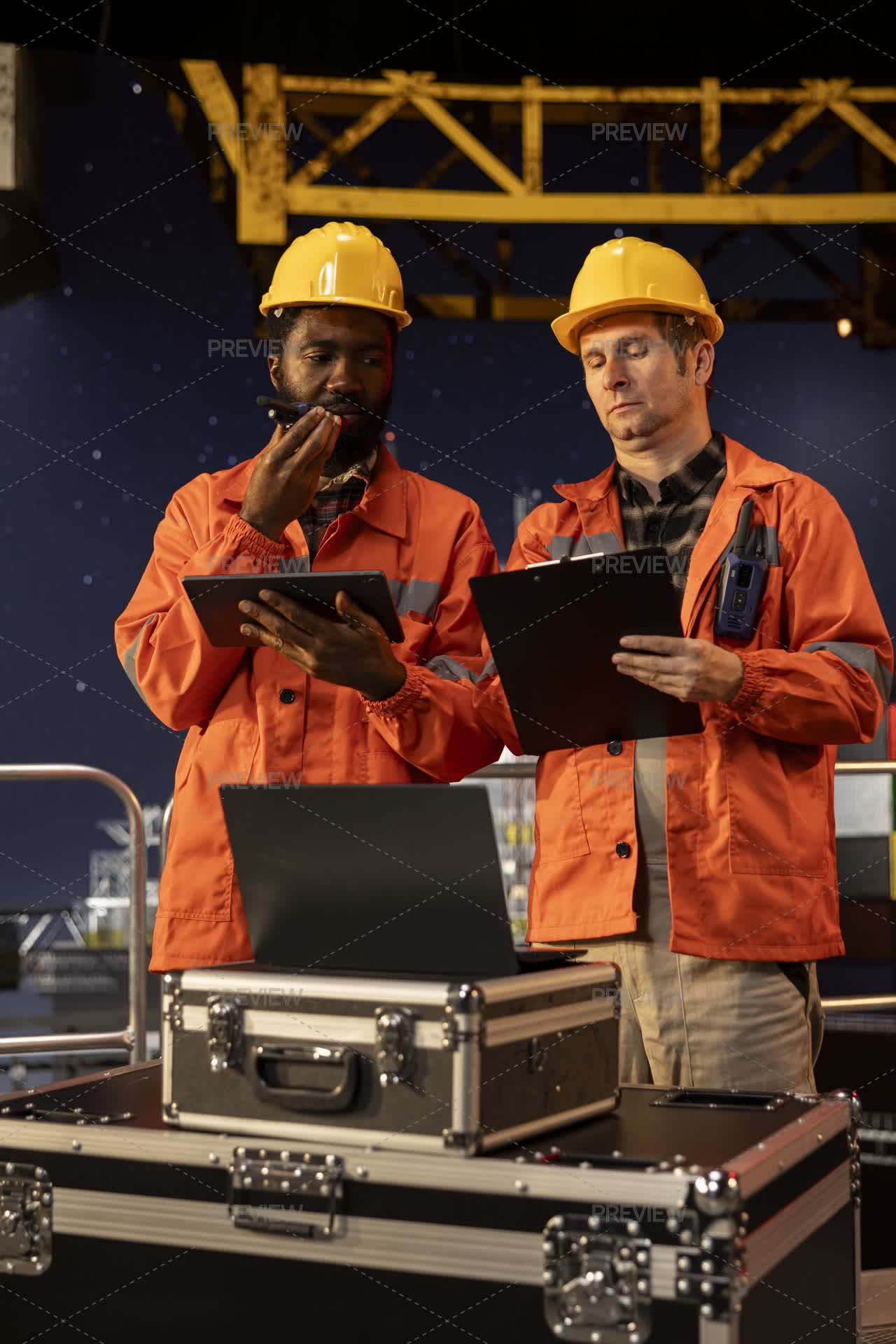 Industrial Workers Communicating Via Radio Devices Performing ...