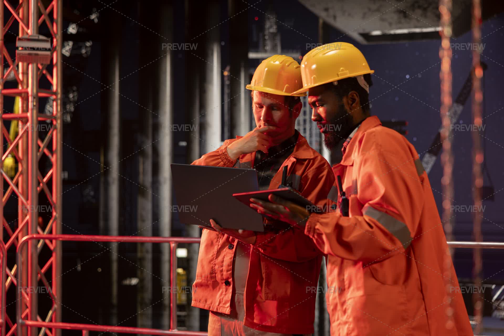 Drill Engineers Using Rig Industrial Engineers Inspect Offshore Drilling Rig Systems Using ...